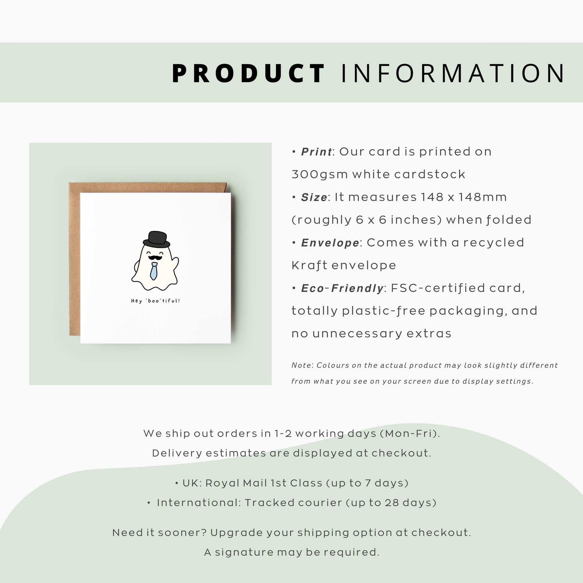 Funny Halloween card featuring a ghost with a top hat, moustache, and tie, saying “Hey Boo’tiful!”