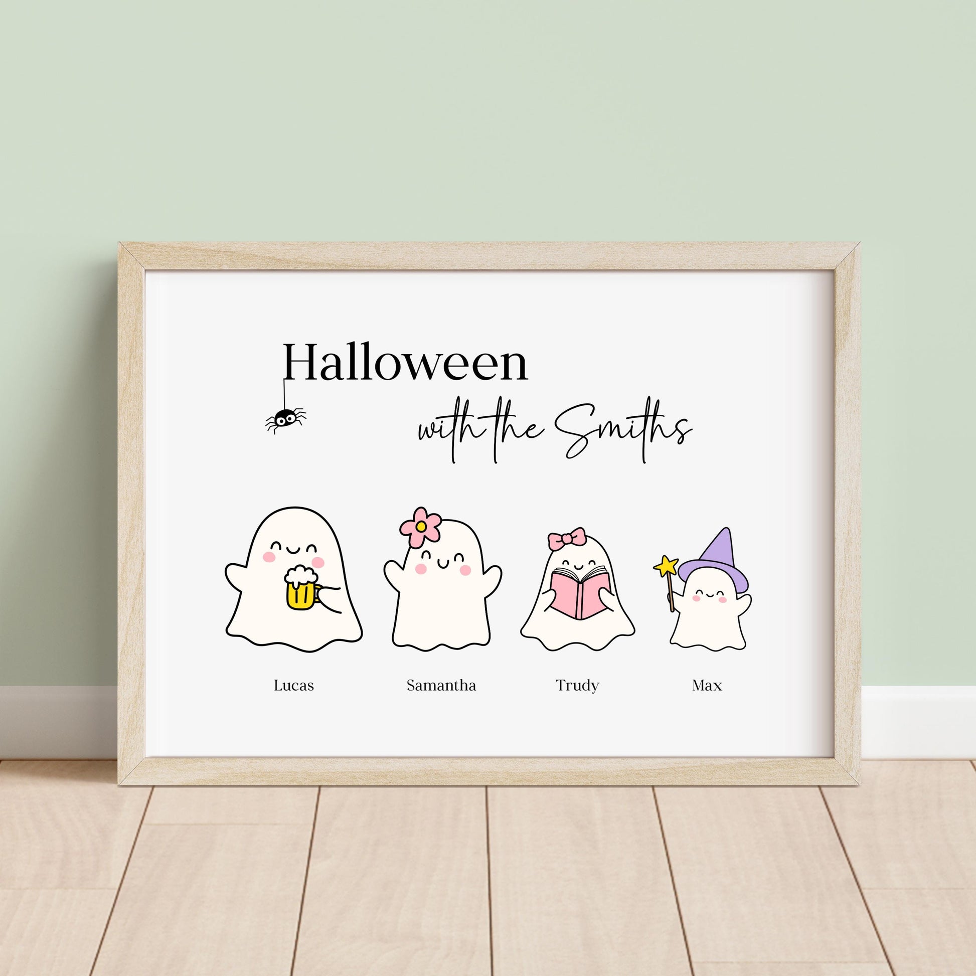 Personalised Halloween print with four cute ghost characters named Lucas, Samantha, Trudy, and Max, framed on a spooky decorated mantle.