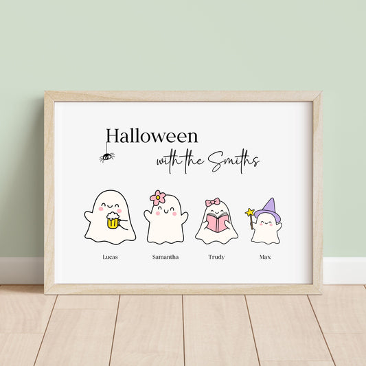 Personalised Halloween print with four cute ghost characters named Lucas, Samantha, Trudy, and Max, framed on a spooky decorated mantle.