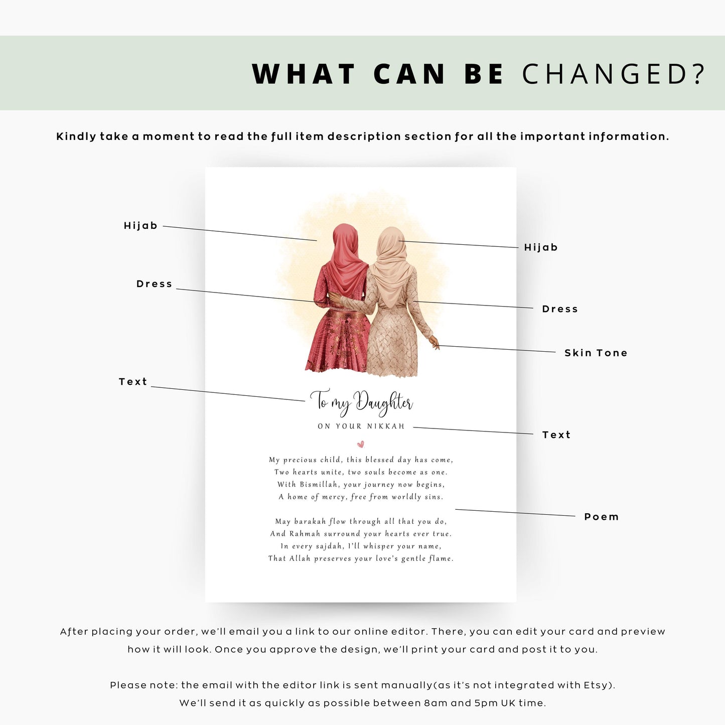 Custom Muslim wedding day keepsake with names and date, mother and bride artwork in neutral tones.