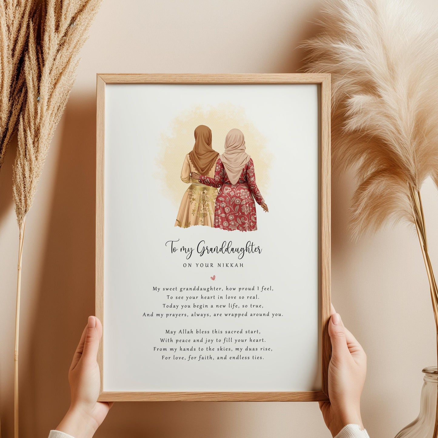 Personalised Nikkah print from Grandma to Granddaughter with hijab bride illustration and poem, framed keepsake art.