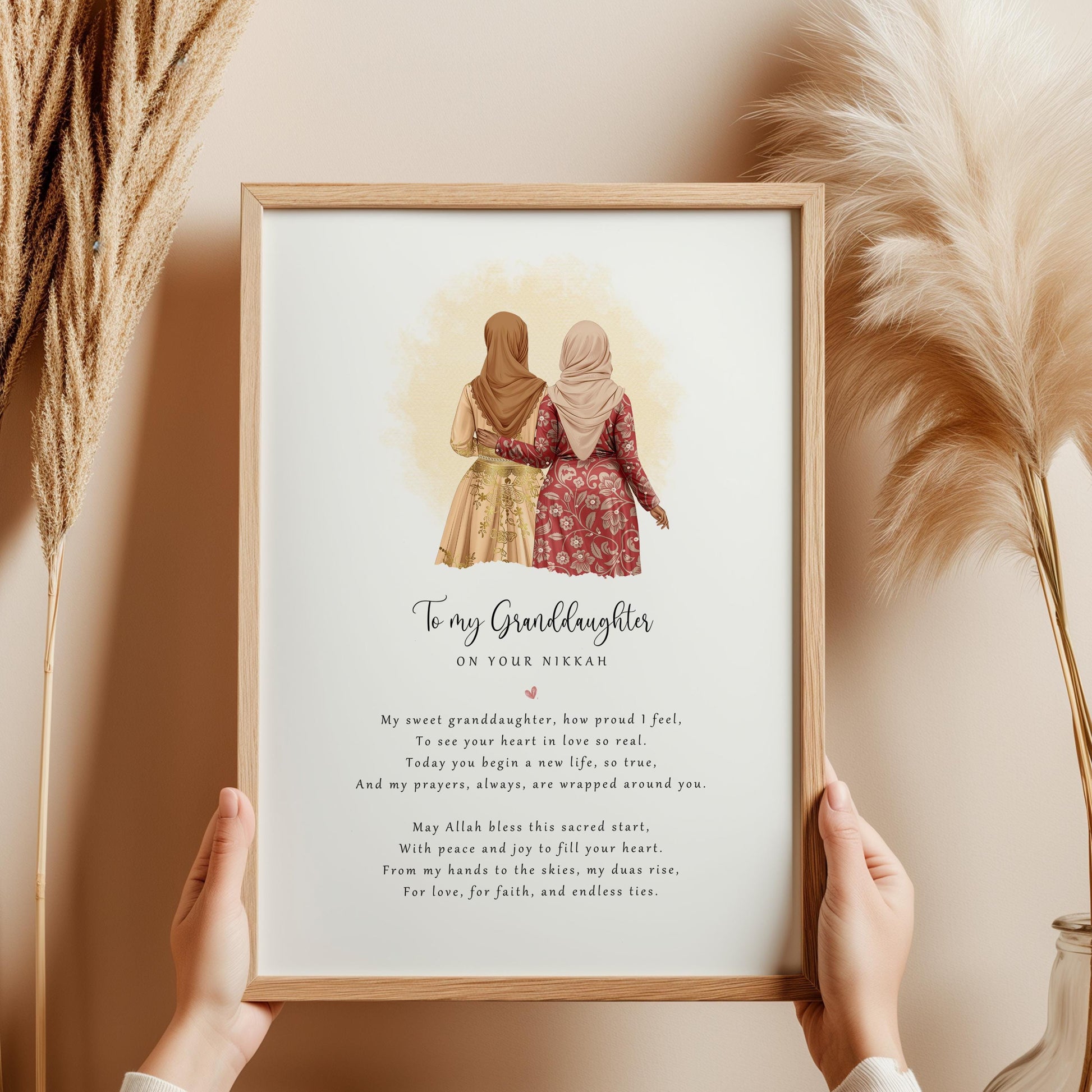 Personalised Nikkah print from Grandma to Granddaughter with hijab bride illustration and poem, framed keepsake art.