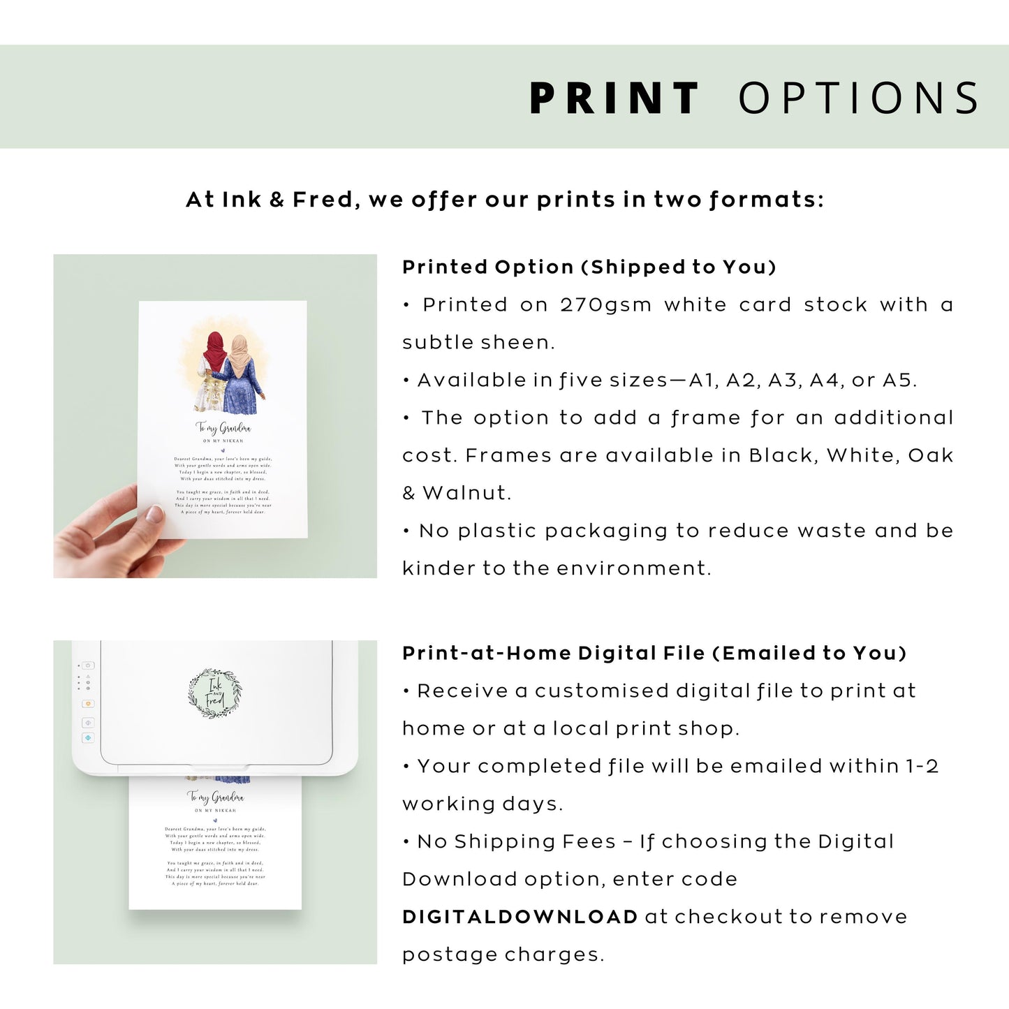 Custom Muslim wedding day artwork with names and date, grandmother and bride.
