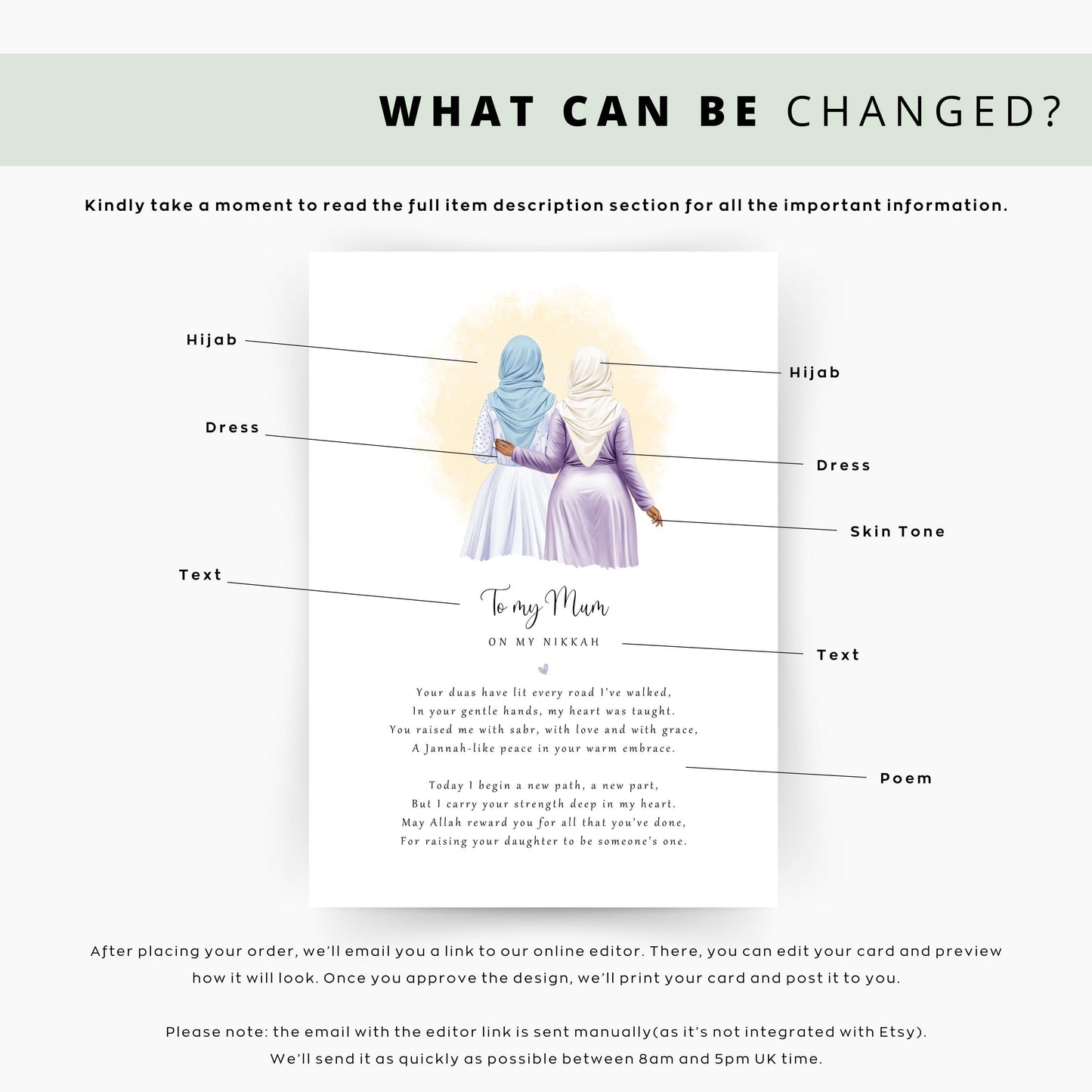 Custom Islamic wedding keepsake with names and date, mother and bride artwork.