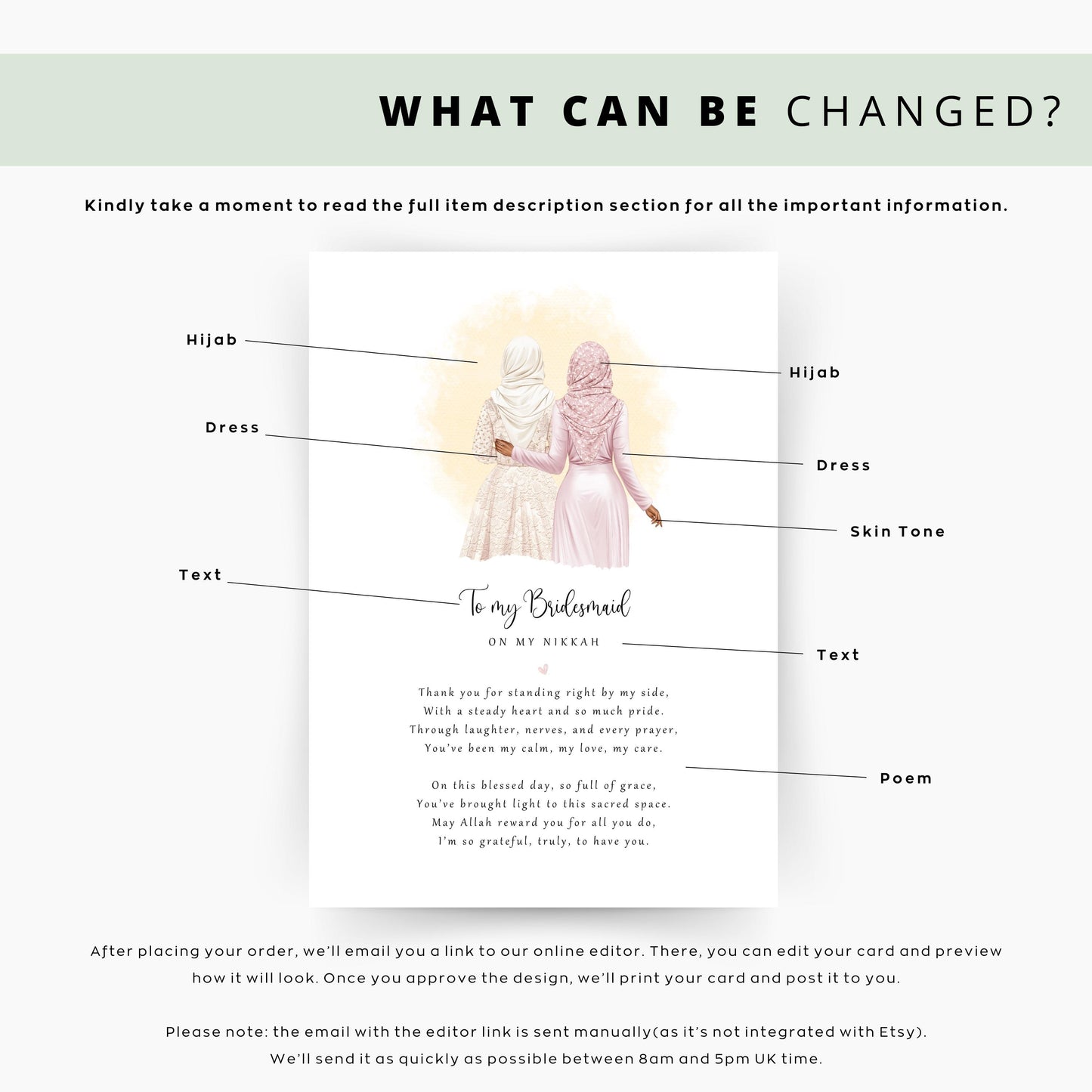 Personalised “To My Bridesmaid on My Nikkah” poem print with hijab illustration in wooden frame.