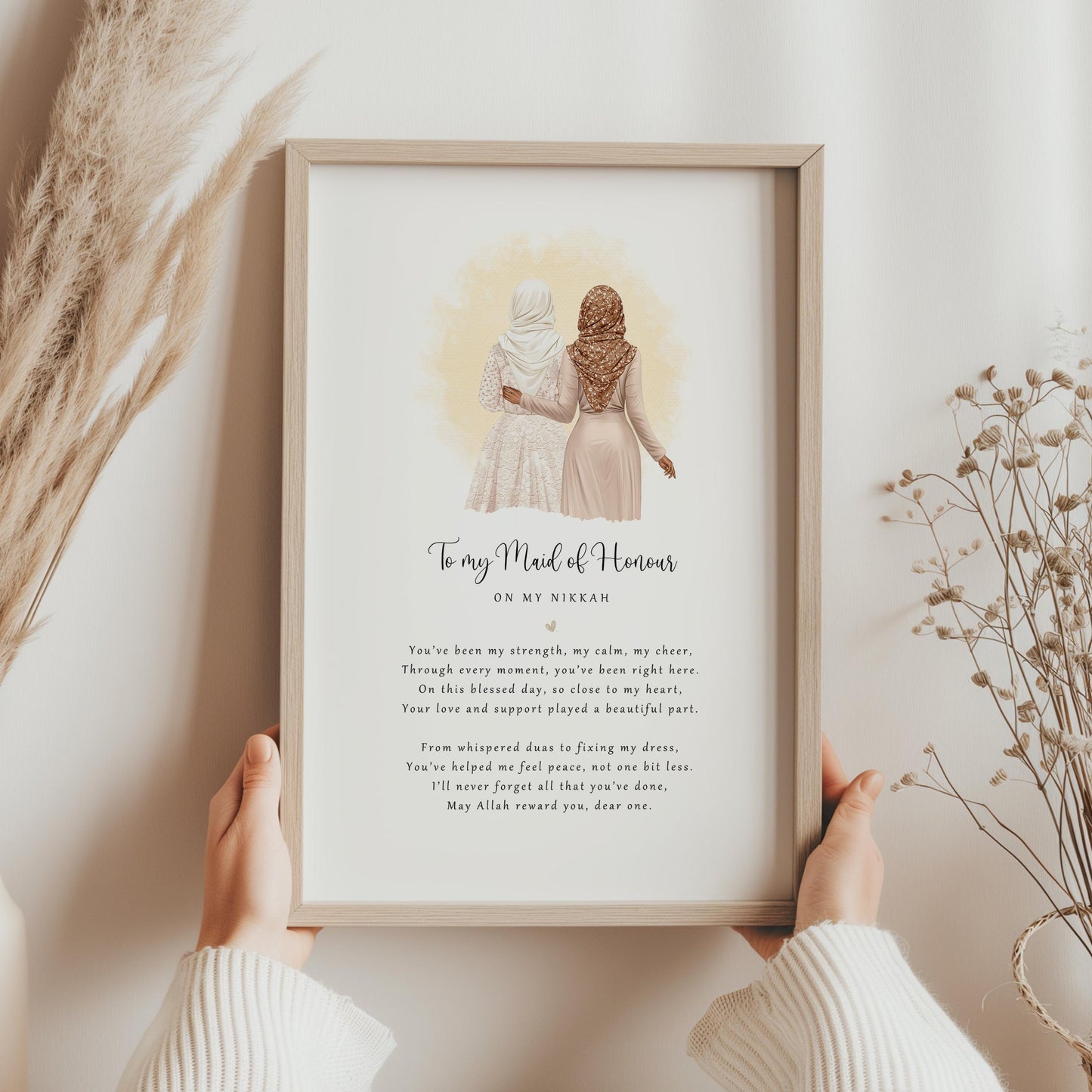 Personalised “To My Maid of Honour on My Nikkah” poem print with hijab illustration in wooden frame.