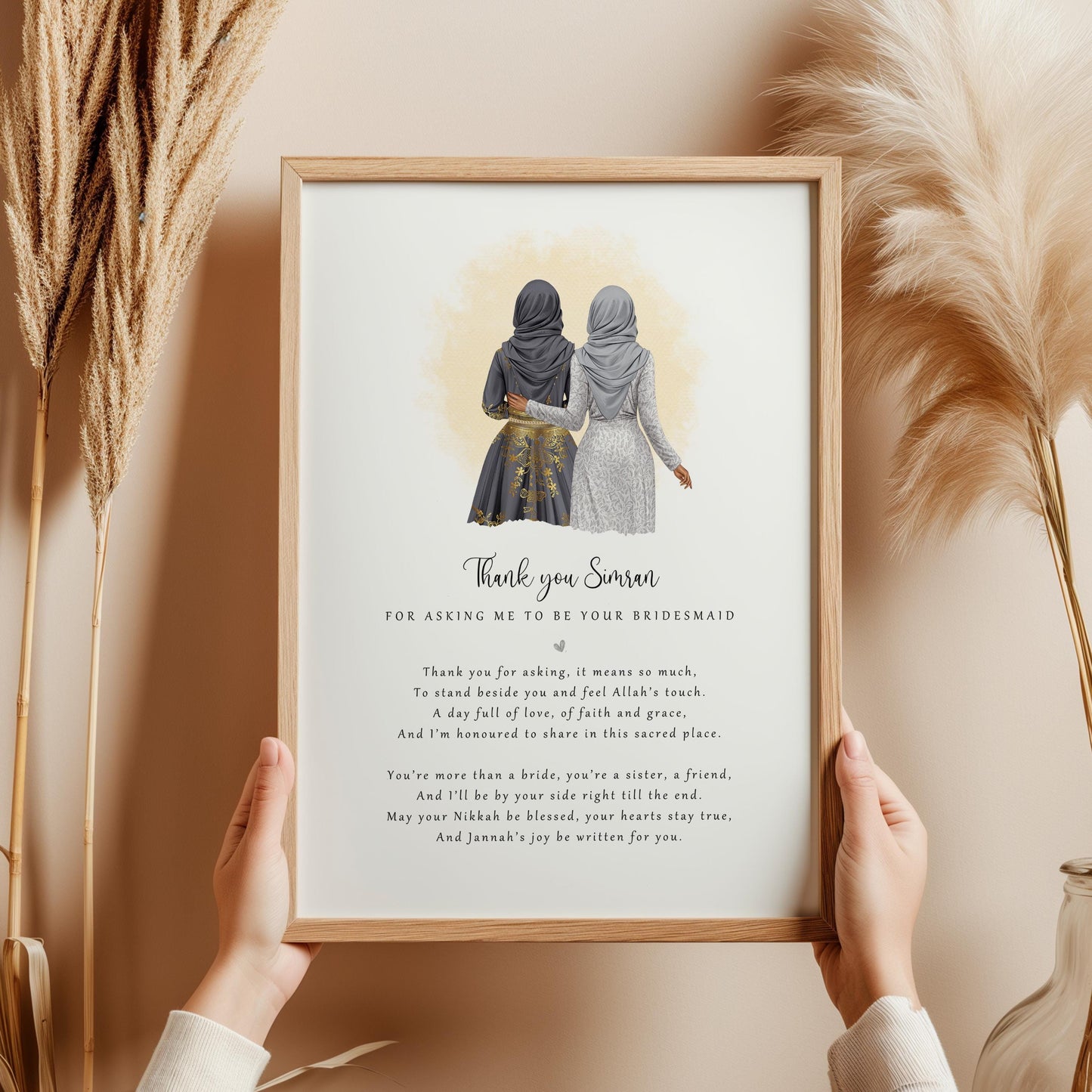 Personalised Nikkah bridesmaid thank-you poem print with hijab illustration in wooden frame.