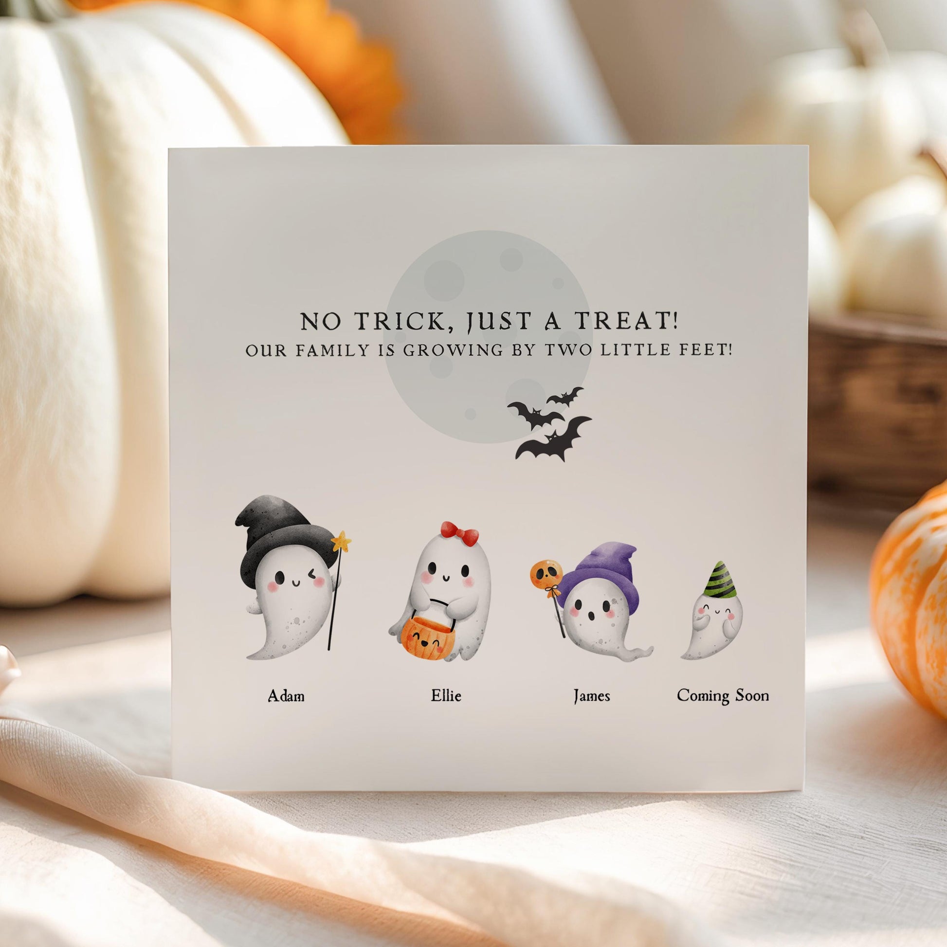 Personalised Halloween pregnancy announcement card with a cute ghost family, custom names and a spooky autumn baby reveal. A beautiful keepsake for expecting parents.
