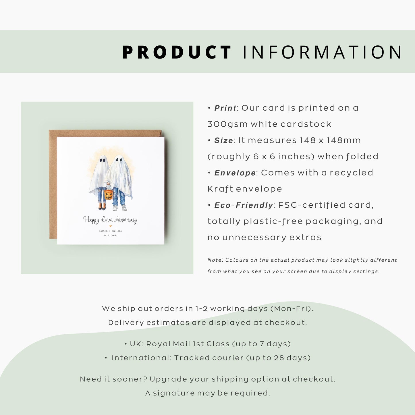 Personalised linen anniversary card featuring a ghost couple in Halloween costumes holding a pumpkin bucket, with custom names and wedding date.