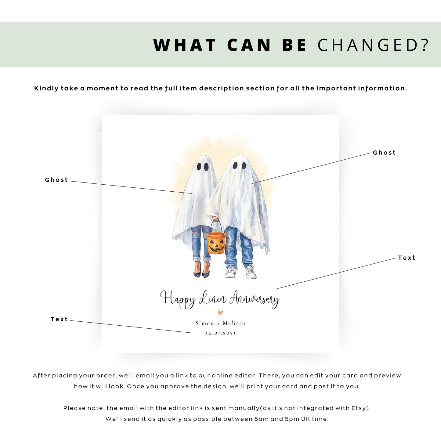 Personalised linen anniversary card featuring a ghost couple in Halloween costumes holding a pumpkin bucket, with custom names and wedding date.