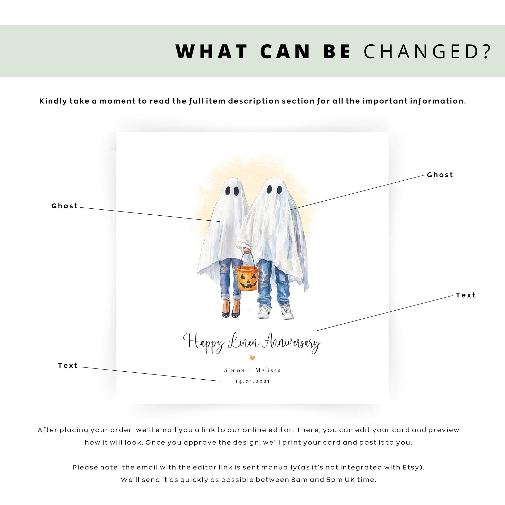 Personalised linen anniversary card featuring a ghost couple in Halloween costumes holding a pumpkin bucket, with custom names and wedding date.