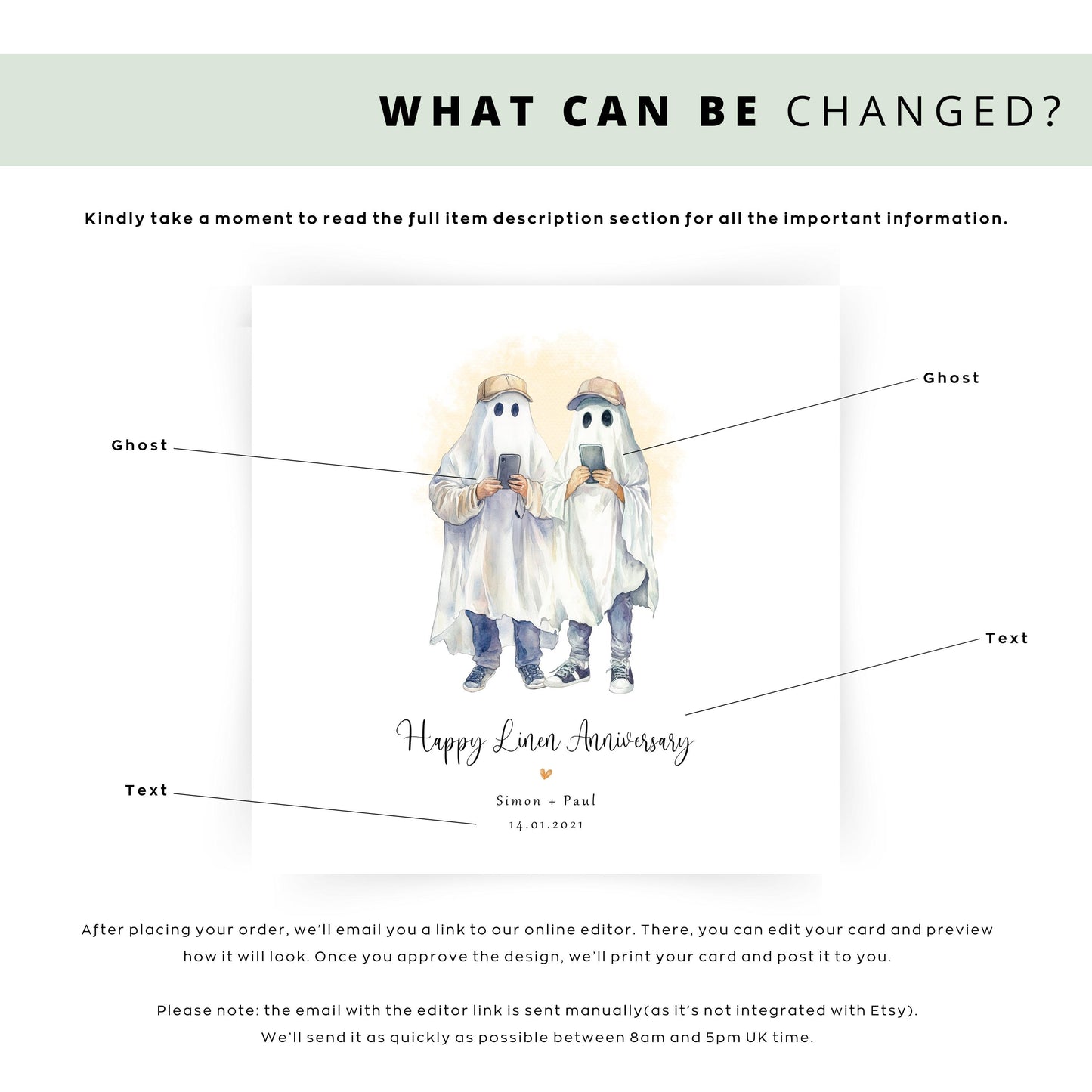 Personalised linen anniversary card featuring two male ghosts holding phones in a humorous Halloween-style design, with names and anniversary date.