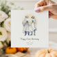 Personalised linen anniversary card featuring two male ghosts holding phones in a humorous Halloween-style design, with names and anniversary date.
