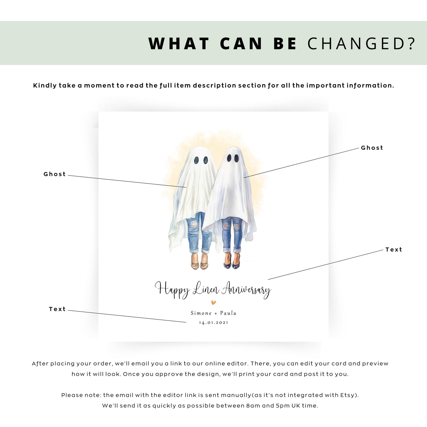 Personalised lesbian linen anniversary card featuring two women dressed as ghosts in a cute Halloween watercolour style, with names and wedding date.