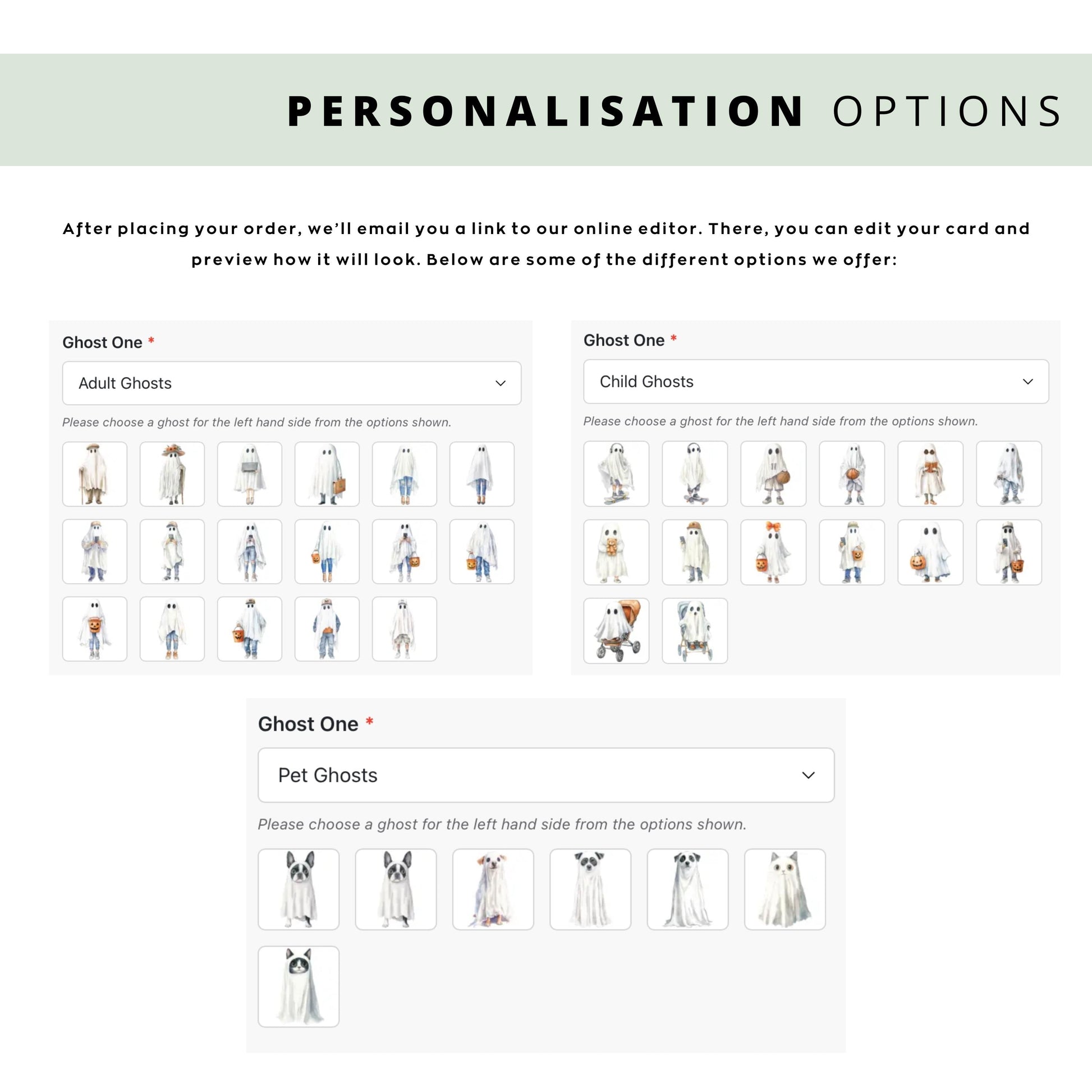 Personalised lesbian linen anniversary card featuring two women dressed as ghosts in a cute Halloween watercolour style, with names and wedding date.