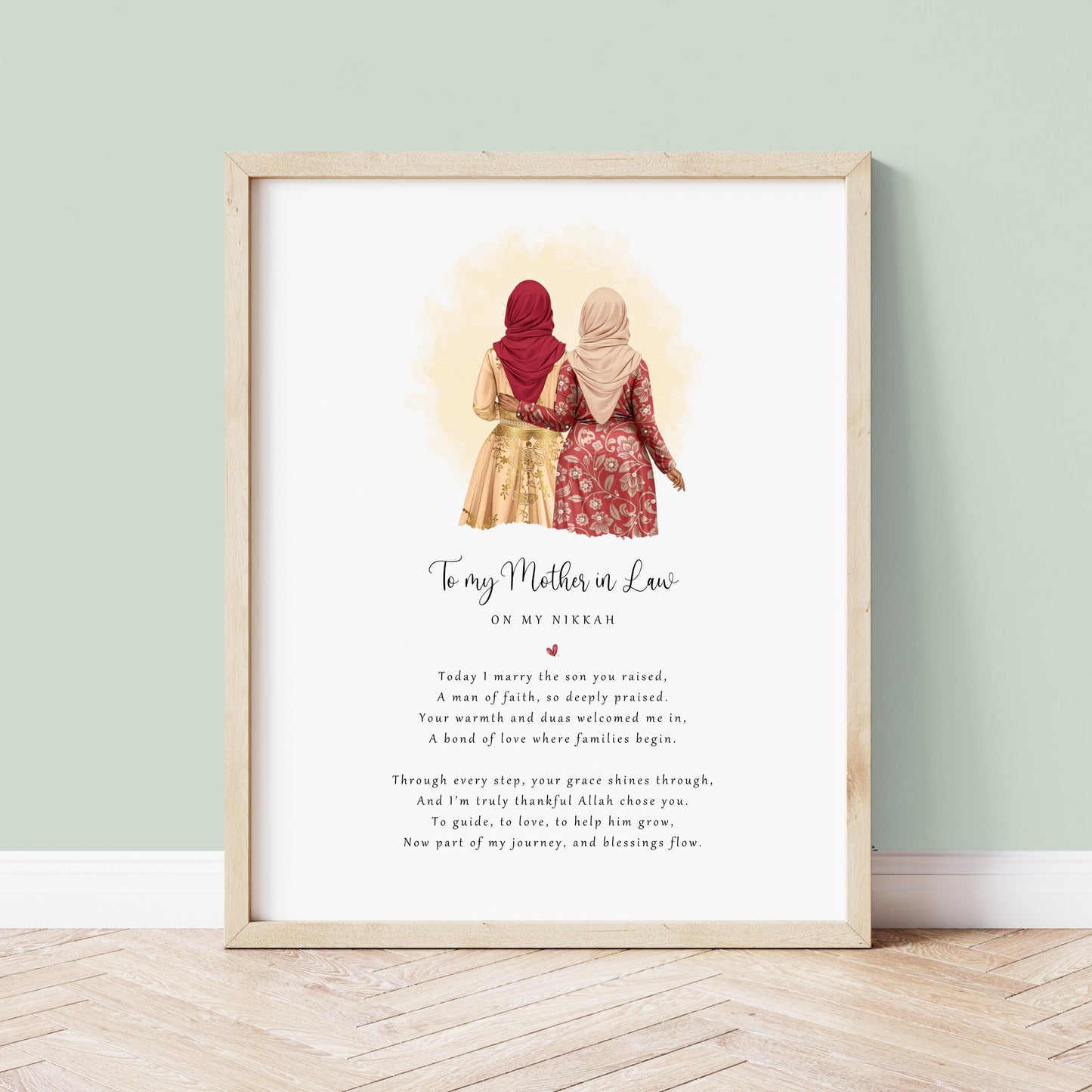 Personalised Nikkah day poem print for mother-in-law from bride. Hijabi illustration and heartfelt message framed as a Muslim wedding keepsake.