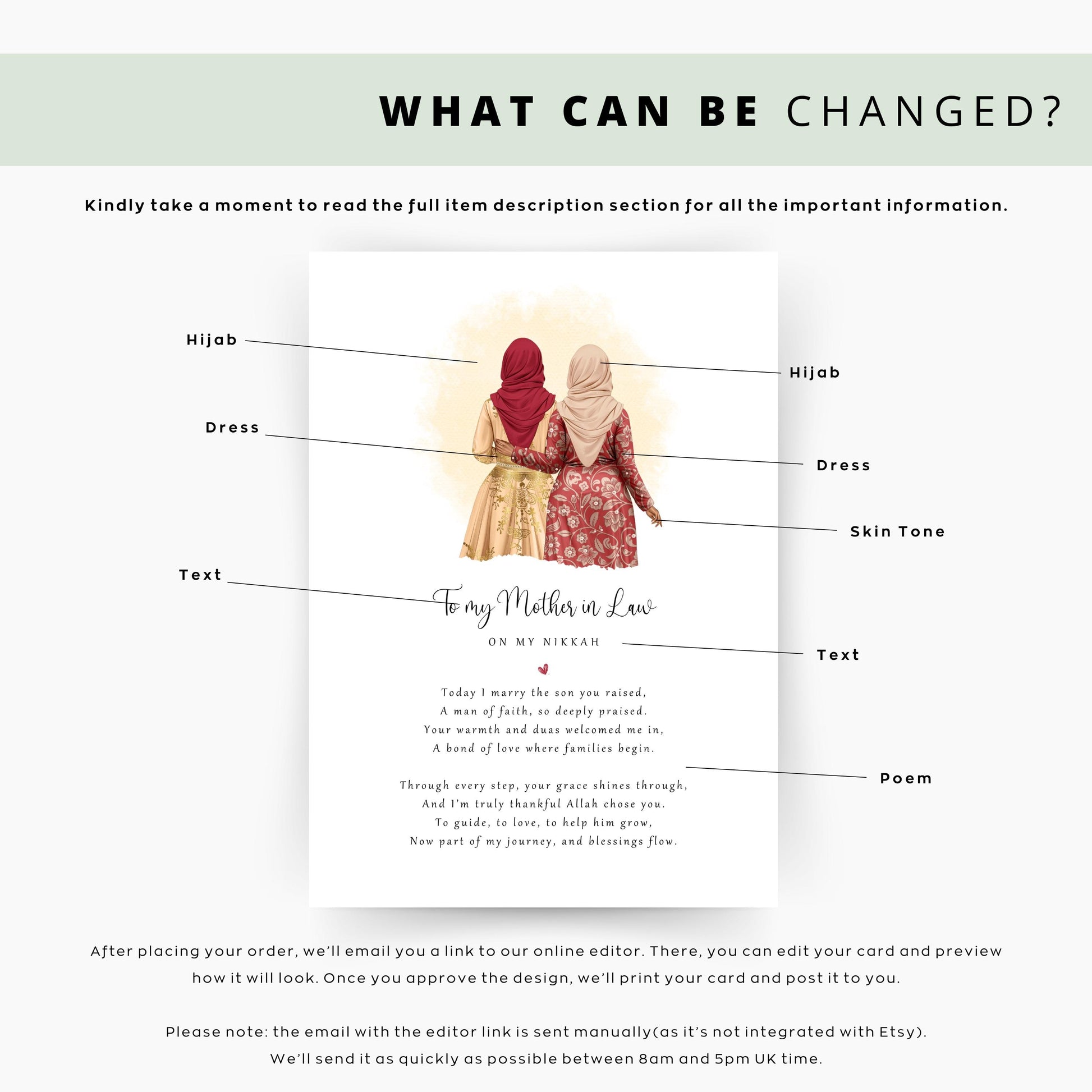 Personalised Nikkah day poem print for mother-in-law from bride. Hijabi illustration and heartfelt message framed as a Muslim wedding keepsake.