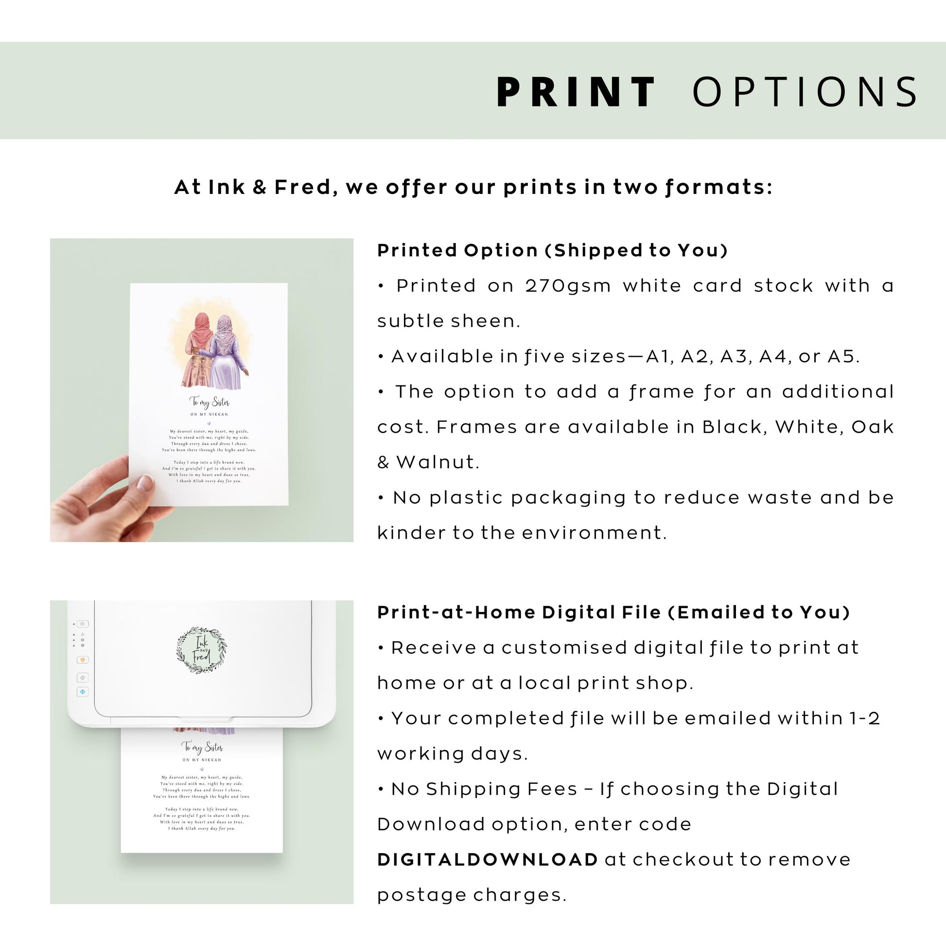 Personalised Nikkah day print from bride to sister with hijabi illustration and Islamic poem. A sentimental Muslim wedding gift and keepsake.