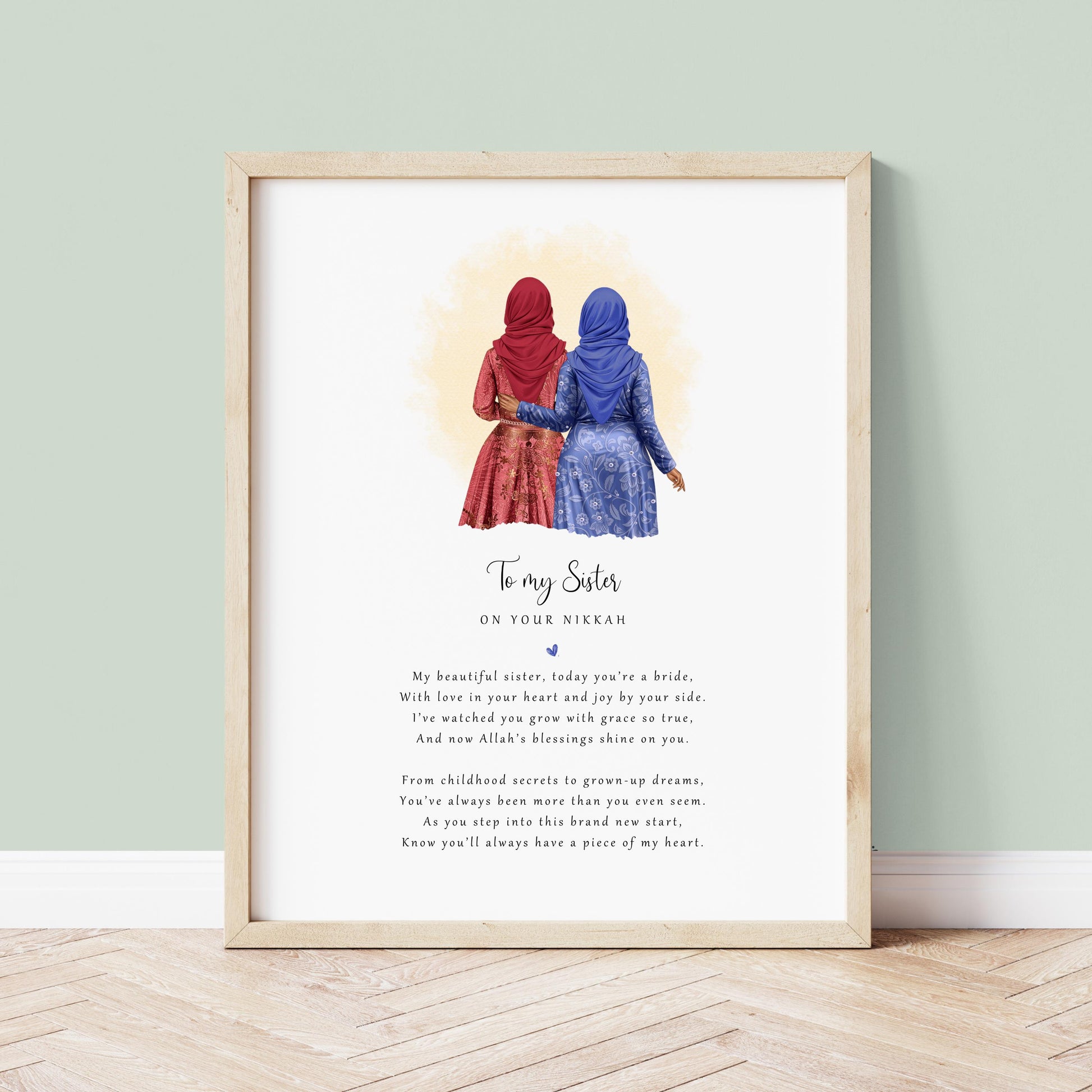 Personalised Nikkah poem print from sister to bride with hijabi artwork and touching Islamic message. Keepsake gift for Muslim weddings.