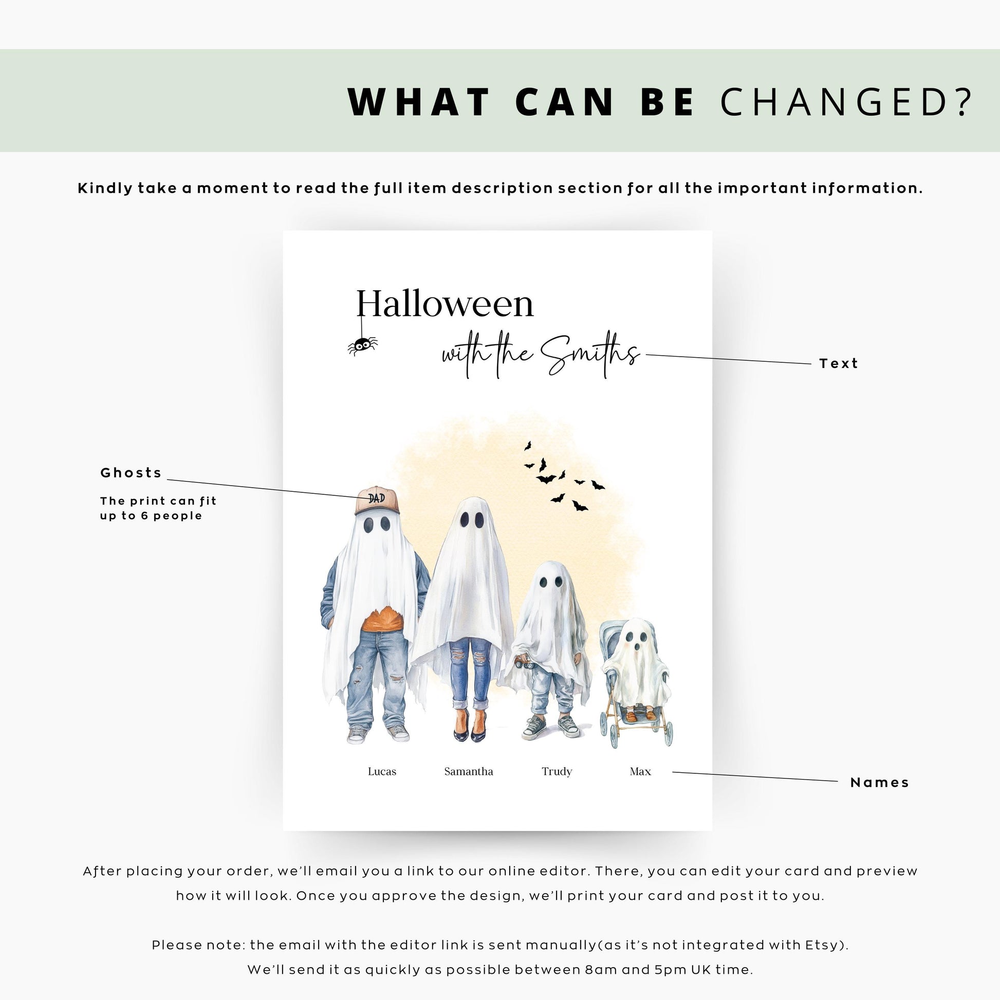 Personalised Halloween family print with four ghost characters, each labelled with a name, in a spooky watercolour style. Features parents, child, and baby in pram, perfect for autumn home décor.