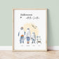 Personalised Halloween family print with four ghost characters, each labelled with a name, in a spooky watercolour style. Features parents, child, and baby in pram, perfect for autumn home décor.