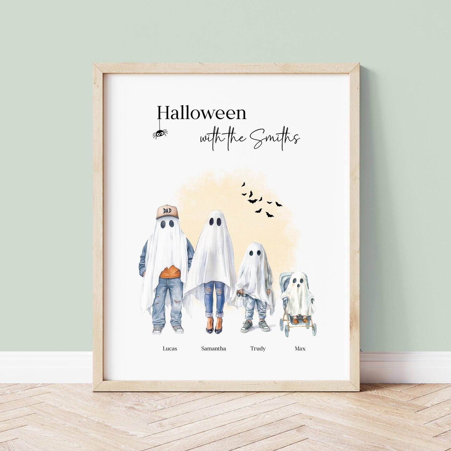 Personalised Halloween family print with four ghost characters, each labelled with a name, in a spooky watercolour style. Features parents, child, and baby in pram, perfect for autumn home décor.