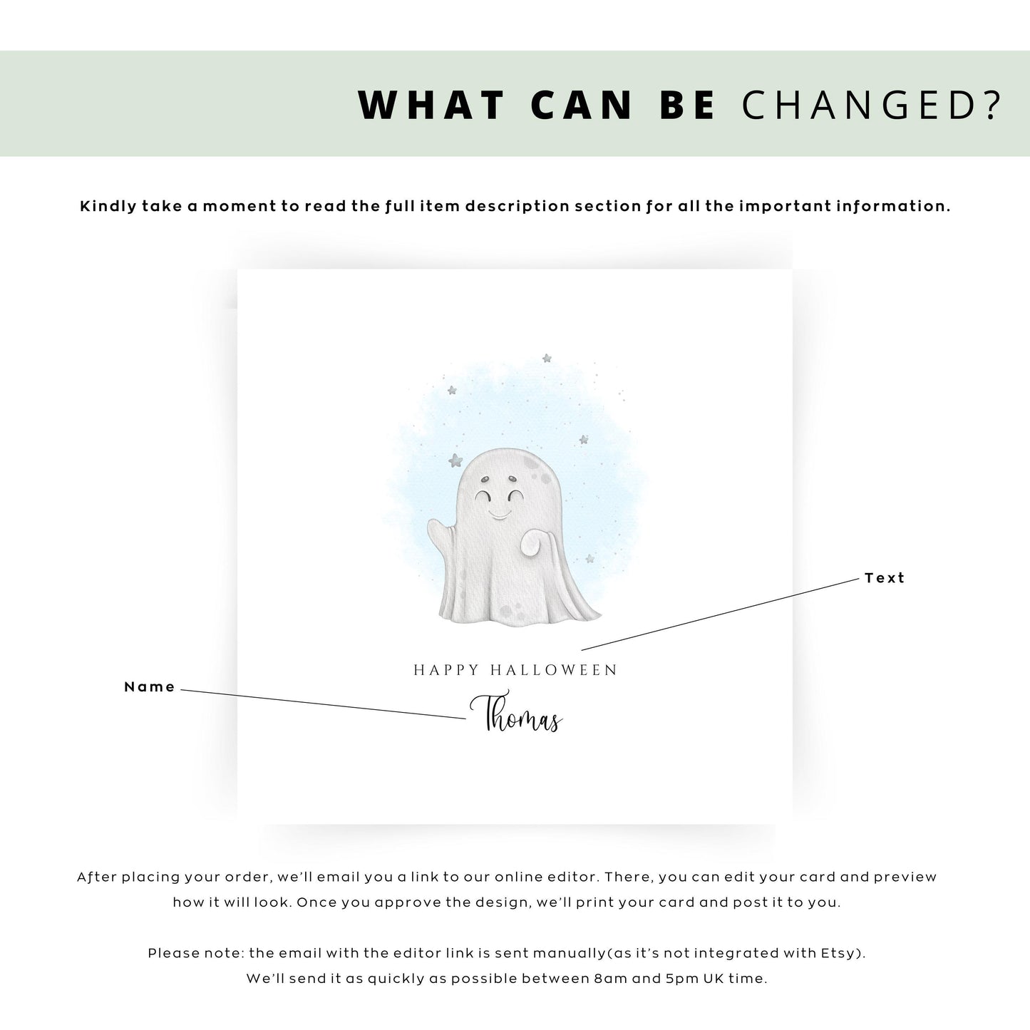 Cute Halloween card with a smiling cartoon ghost and soft blue watercolour stars, featuring the message “Happy Halloween” with a personalised name underneath