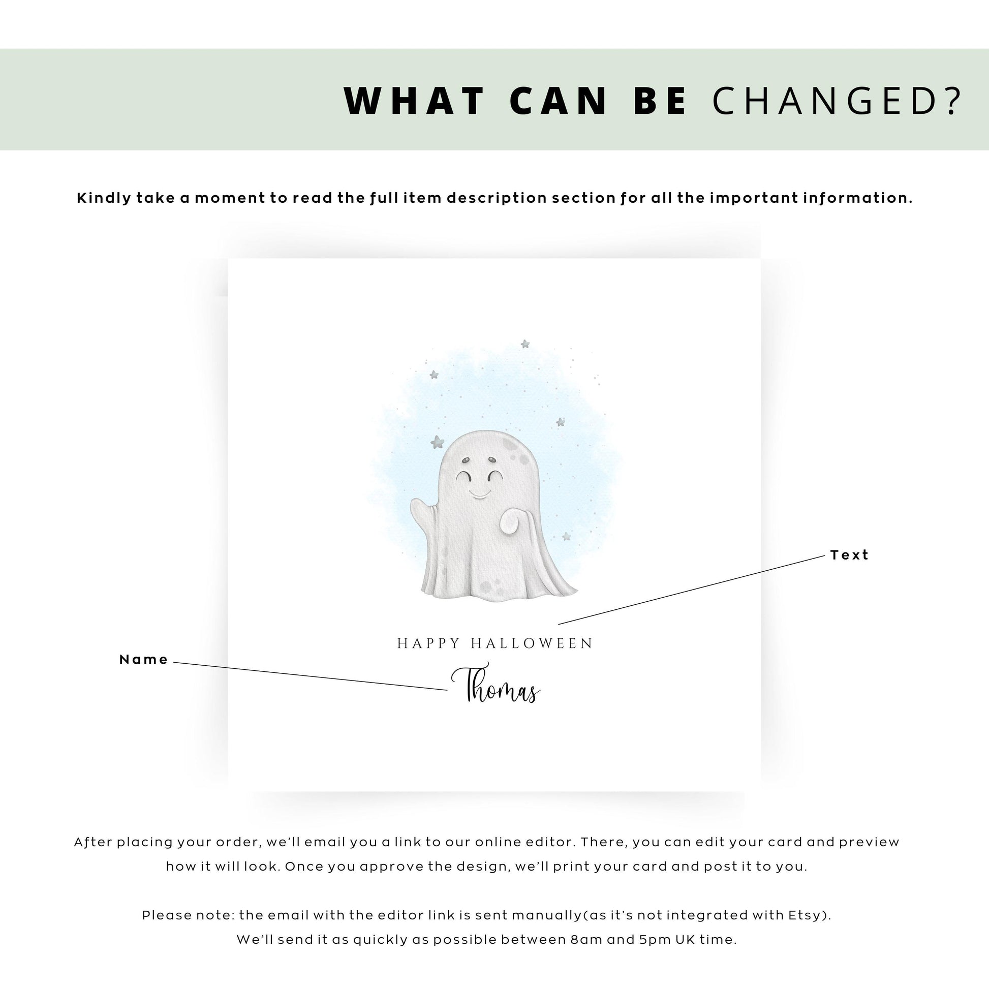 Cute Halloween card with a smiling cartoon ghost and soft blue watercolour stars, featuring the message “Happy Halloween” with a personalised name underneath