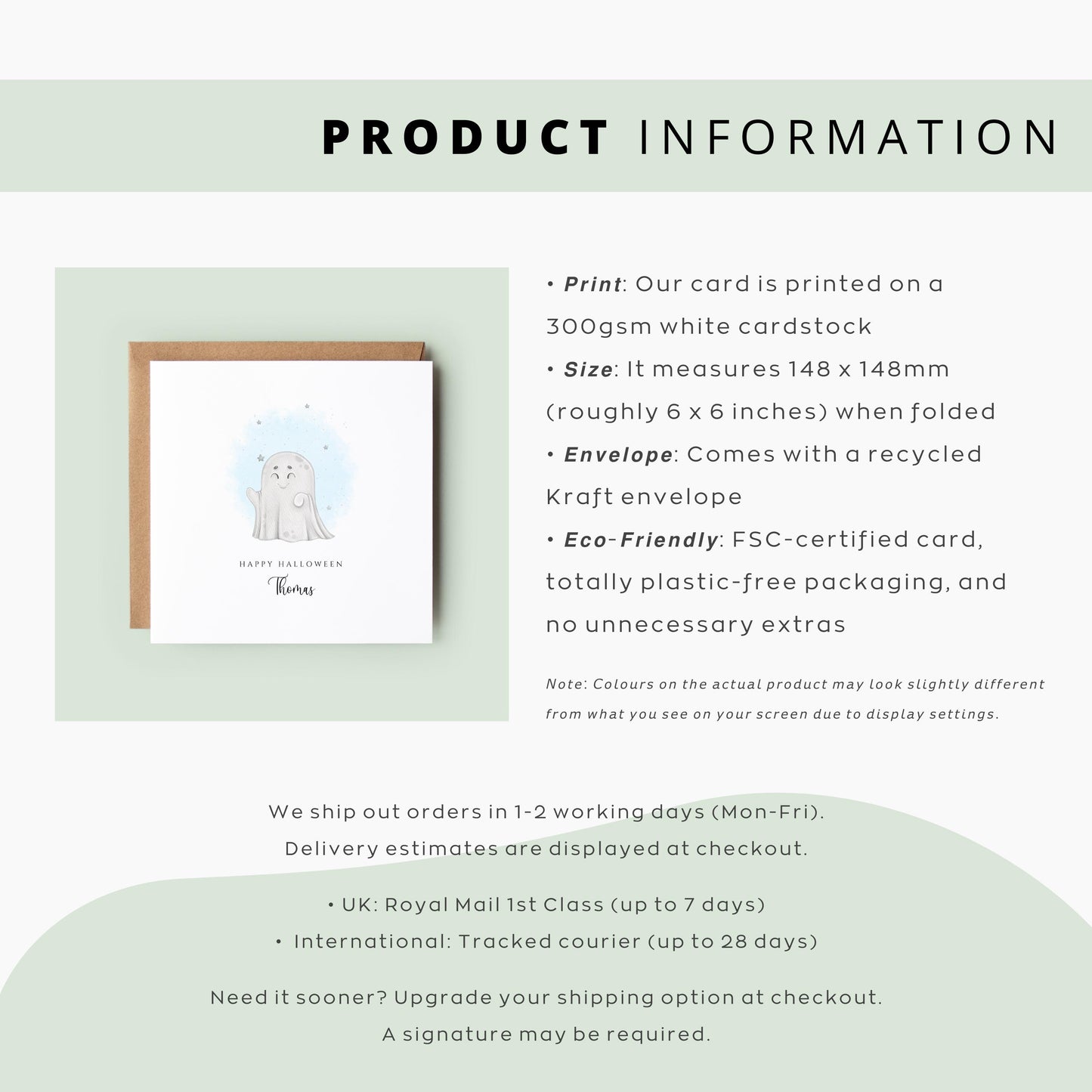 Cute Halloween card with a smiling cartoon ghost and soft blue watercolour stars, featuring the message “Happy Halloween” with a personalised name underneath