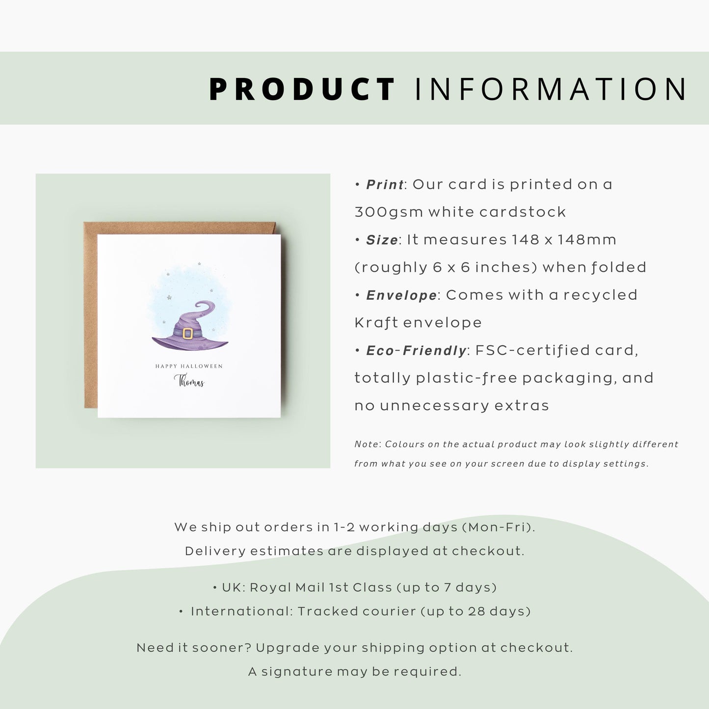 Personalised Halloween card featuring a purple witch hat with a starry background, “Happy Halloween” text, and the name Thomas beneath