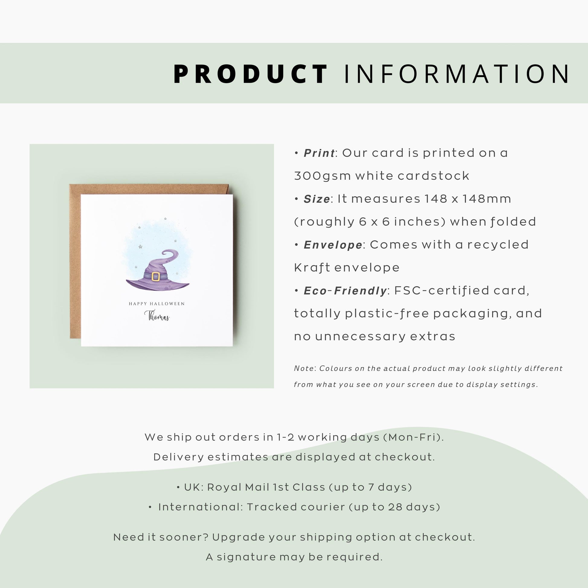 Personalised Halloween card featuring a purple witch hat with a starry background, “Happy Halloween” text, and the name Thomas beneath