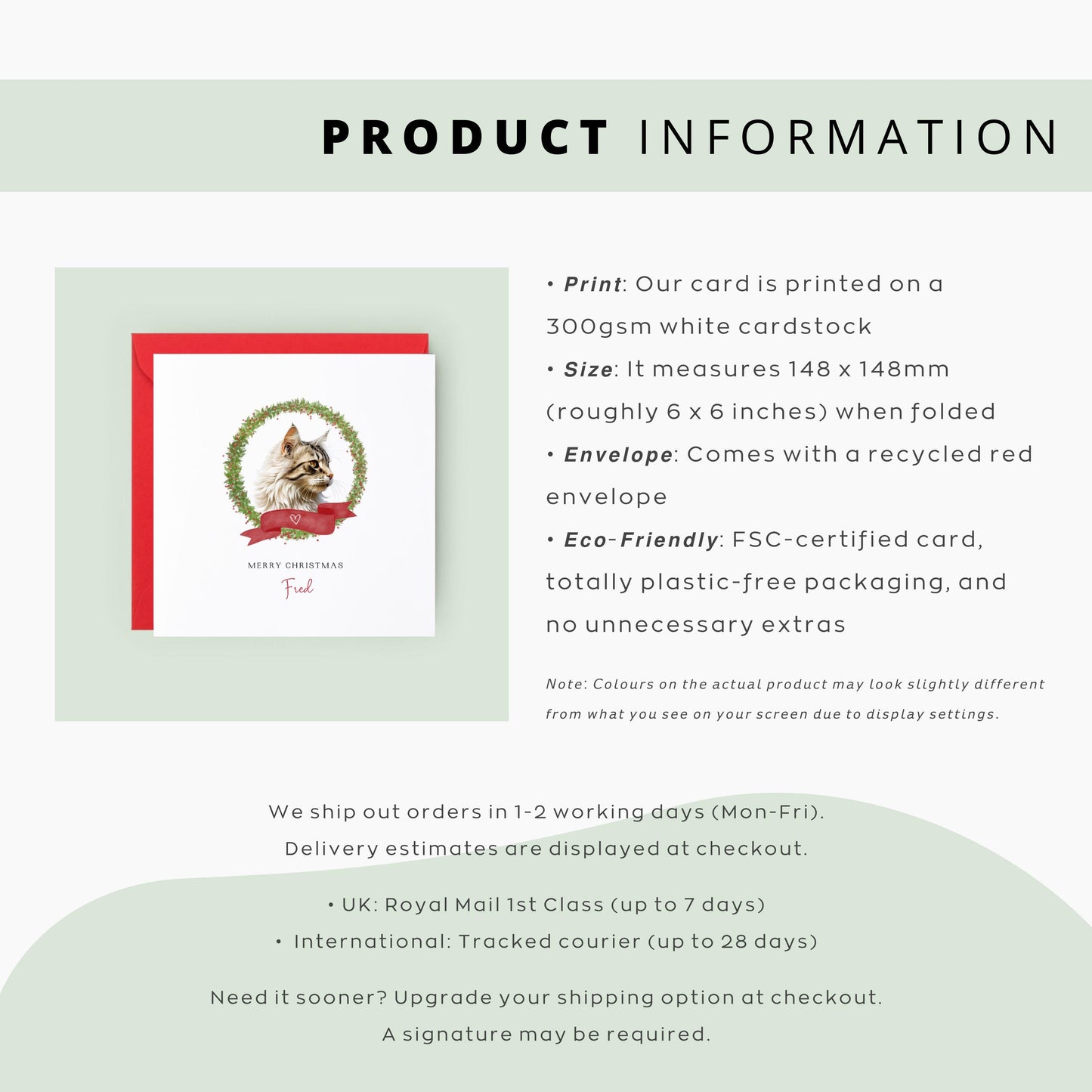 Personalised American Bobtail cat Christmas card with festive wreath and red ribbon design. Custom greeting card for cat mums, cat dads, or pet sitters.