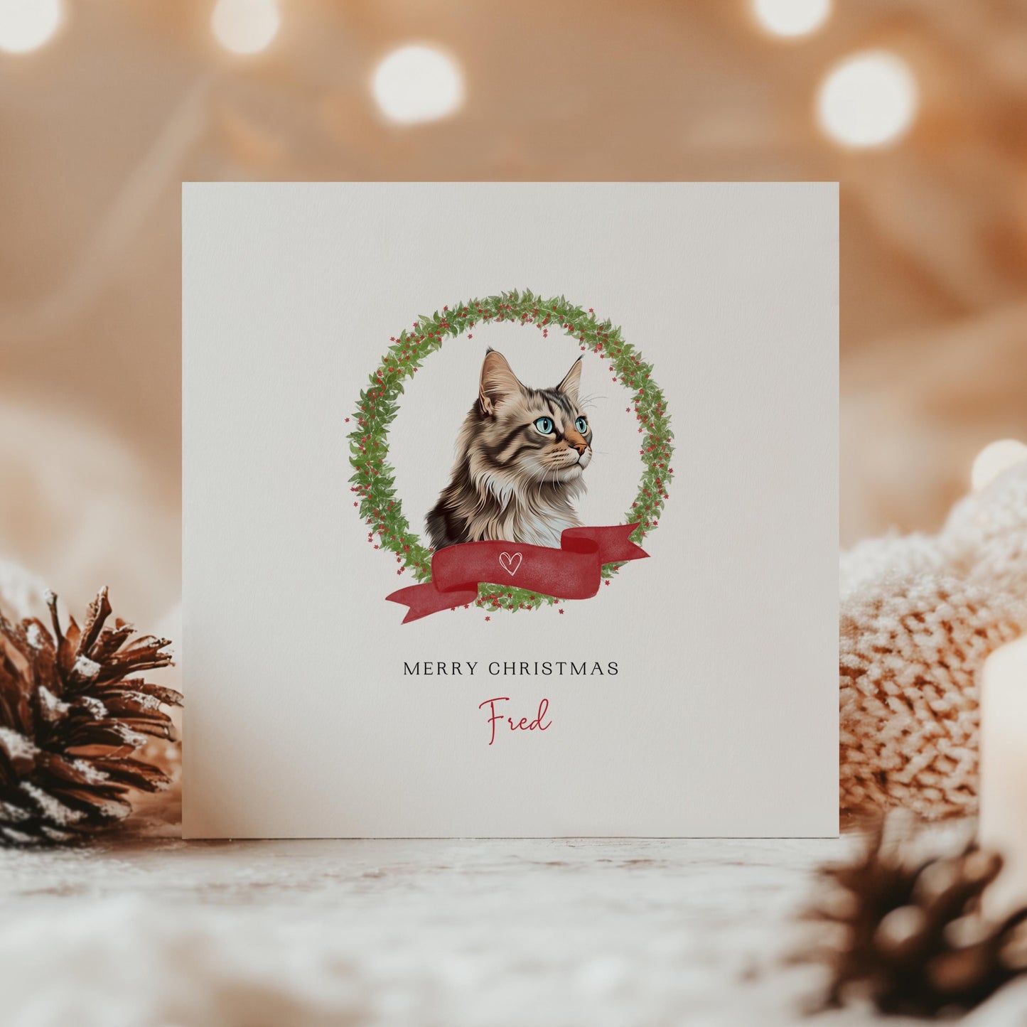 Personalised American Bobtail cat Christmas card with festive wreath and red ribbon design. Custom greeting card for cat mums, cat dads, or pet sitters.