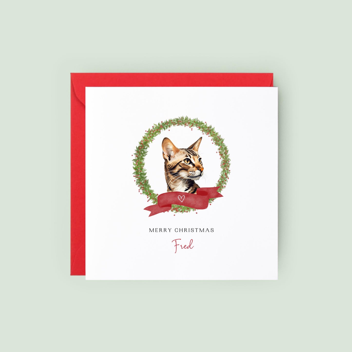 Personalised Arabian Mau cat Christmas card with festive wreath. Holiday greeting card for Cat Mum, Cat Dad, or a cat sitter.