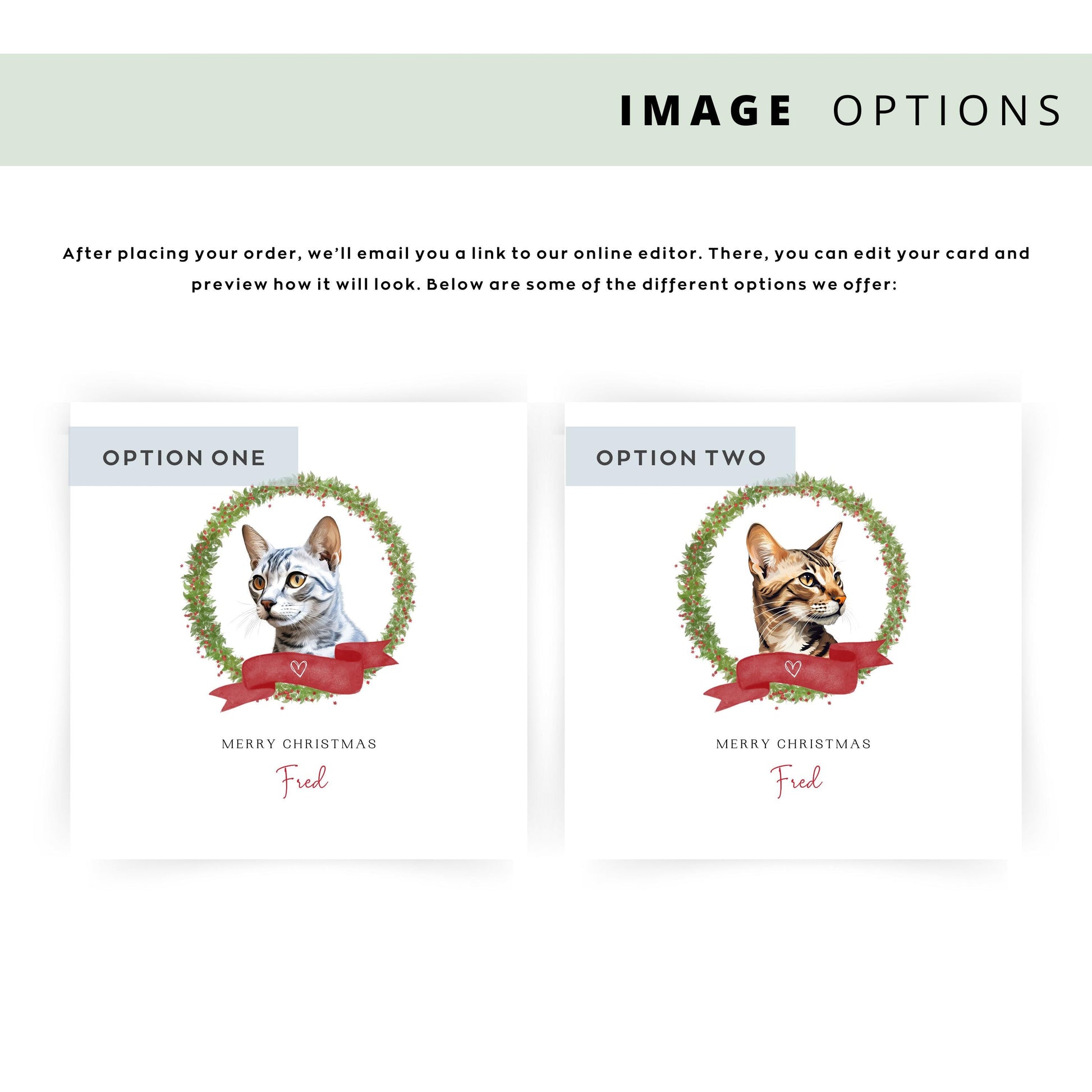 Personalised Arabian Mau cat Christmas card with festive wreath. Holiday greeting card for Cat Mum, Cat Dad, or a cat sitter.