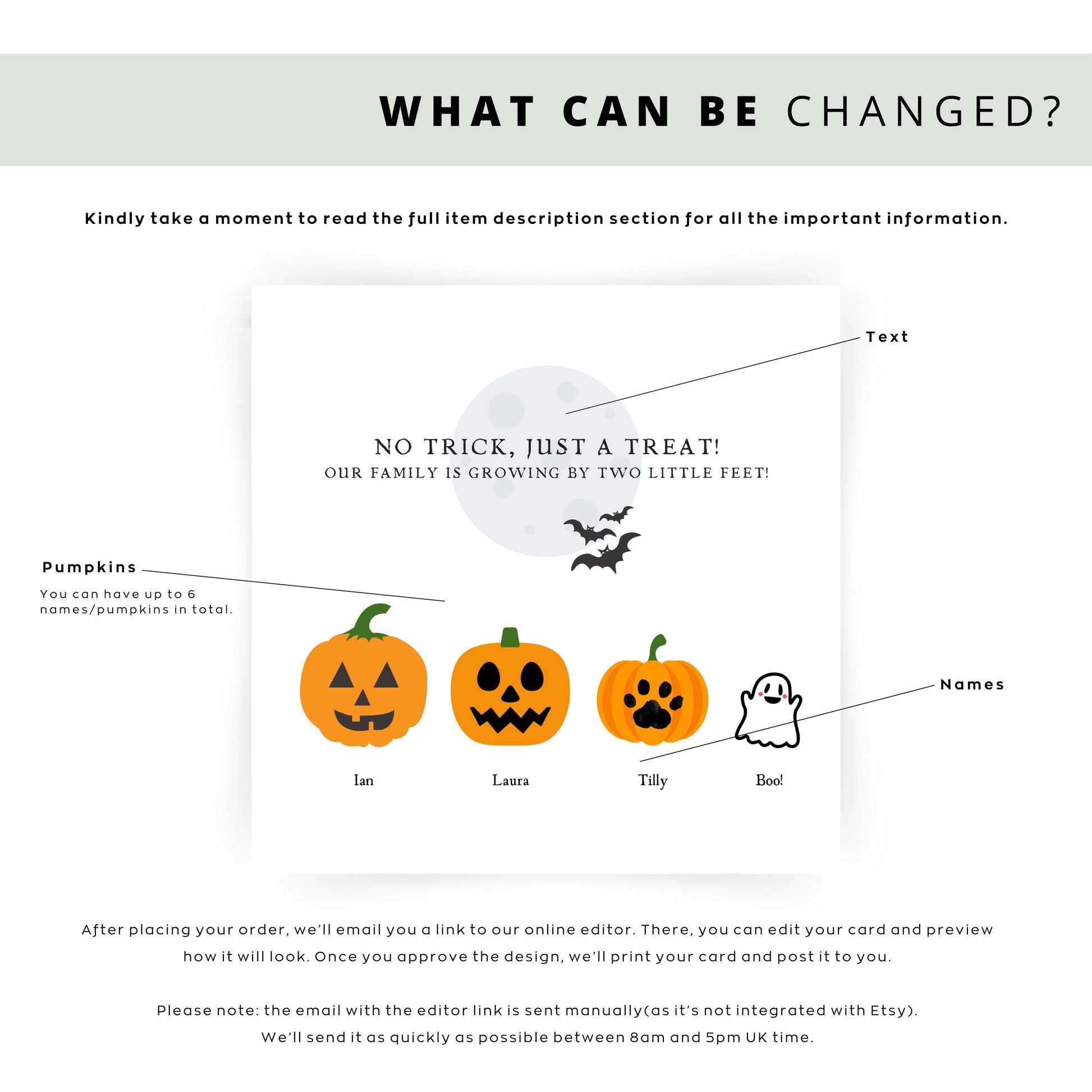 Personalised Halloween pregnancy announcement card with pumpkins and a ghost representing family members, and the phrase “Our family is growing by two little feet!”