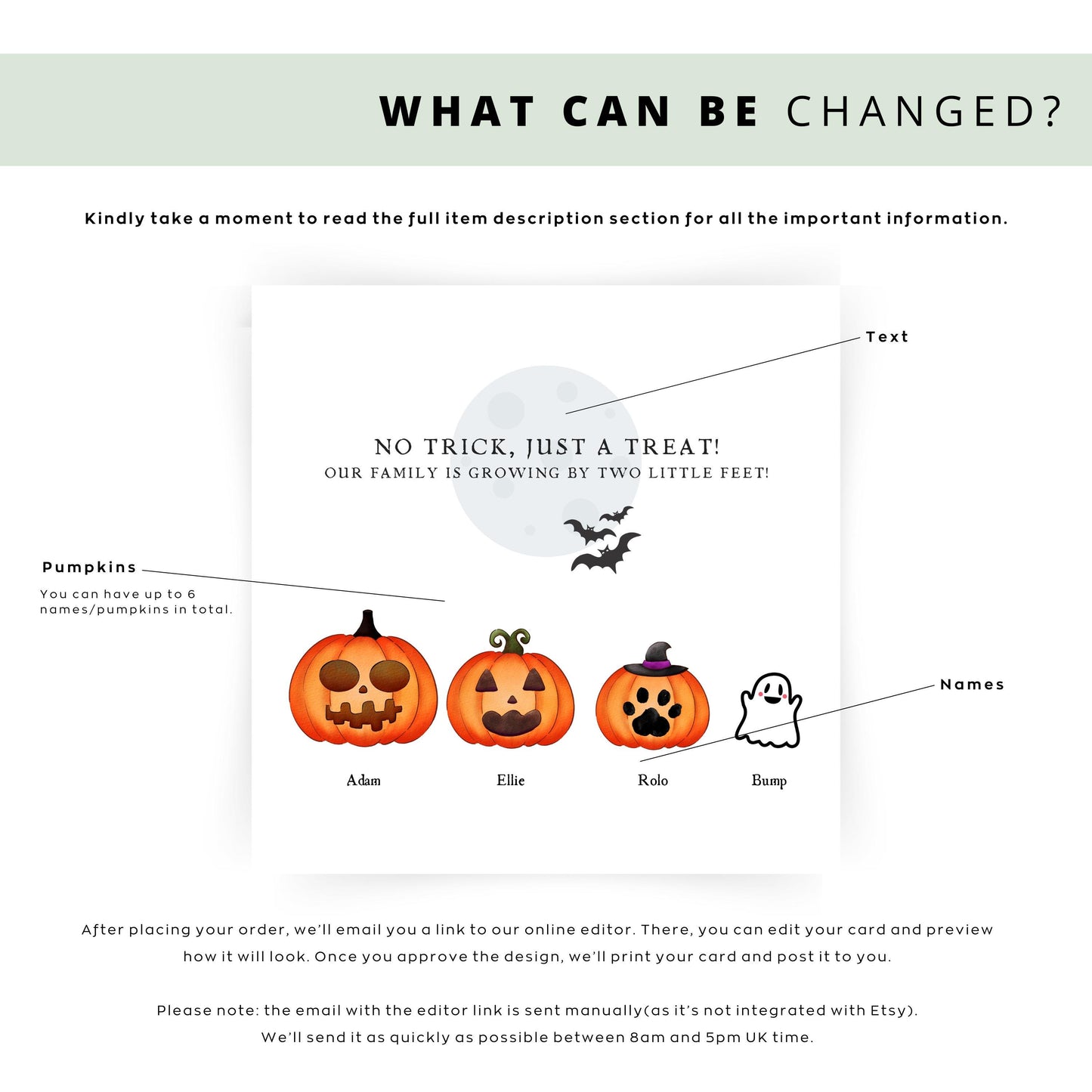 Personalised Halloween pregnancy announcement card featuring a pumpkin family with names and a ghost baby, and the message “Our family is growing by two little feet.”