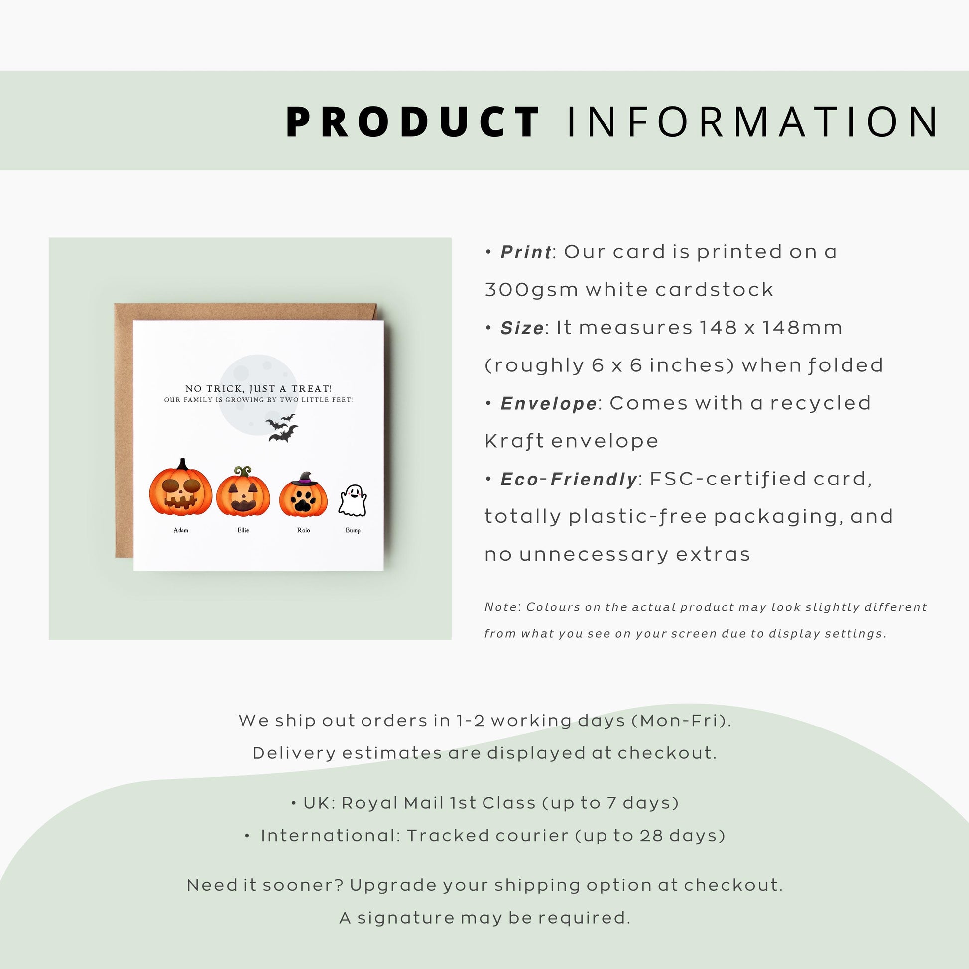 Personalised Halloween pregnancy announcement card featuring a pumpkin family with names and a ghost baby, and the message “Our family is growing by two little feet.”