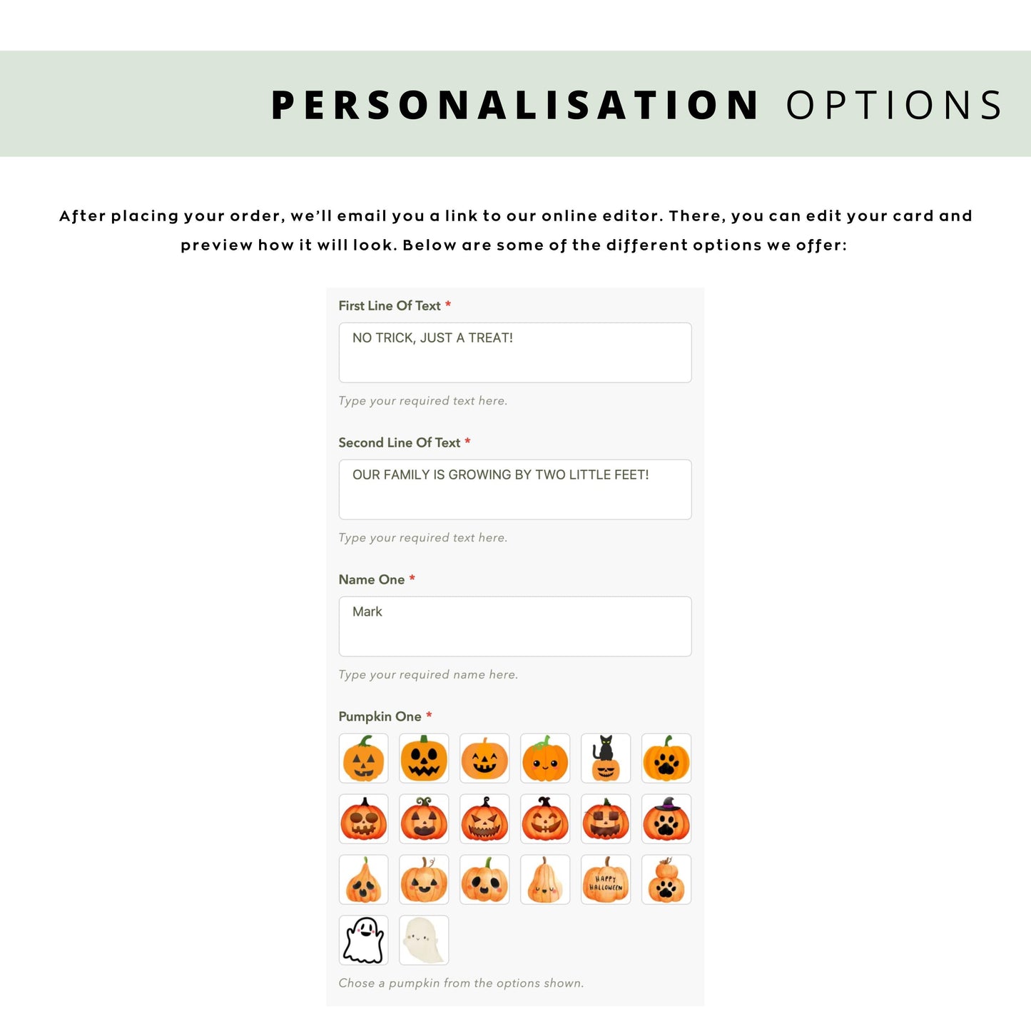 Personalised Halloween pregnancy announcement card featuring a pumpkin family with names and a ghost baby, and the message “Our family is growing by two little feet.”