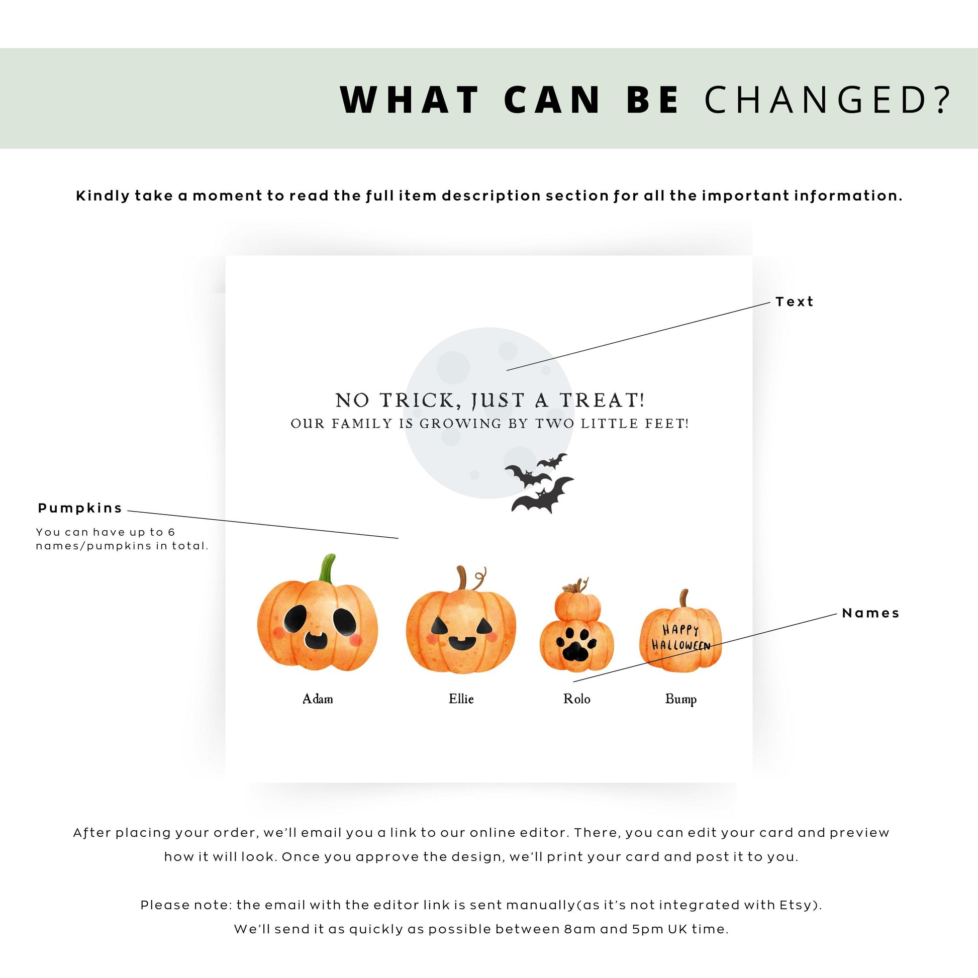 Personalised Halloween pregnancy announcement card with pastel pumpkins representing family members and a baby pumpkin with “Happy Halloween” and names underneath.