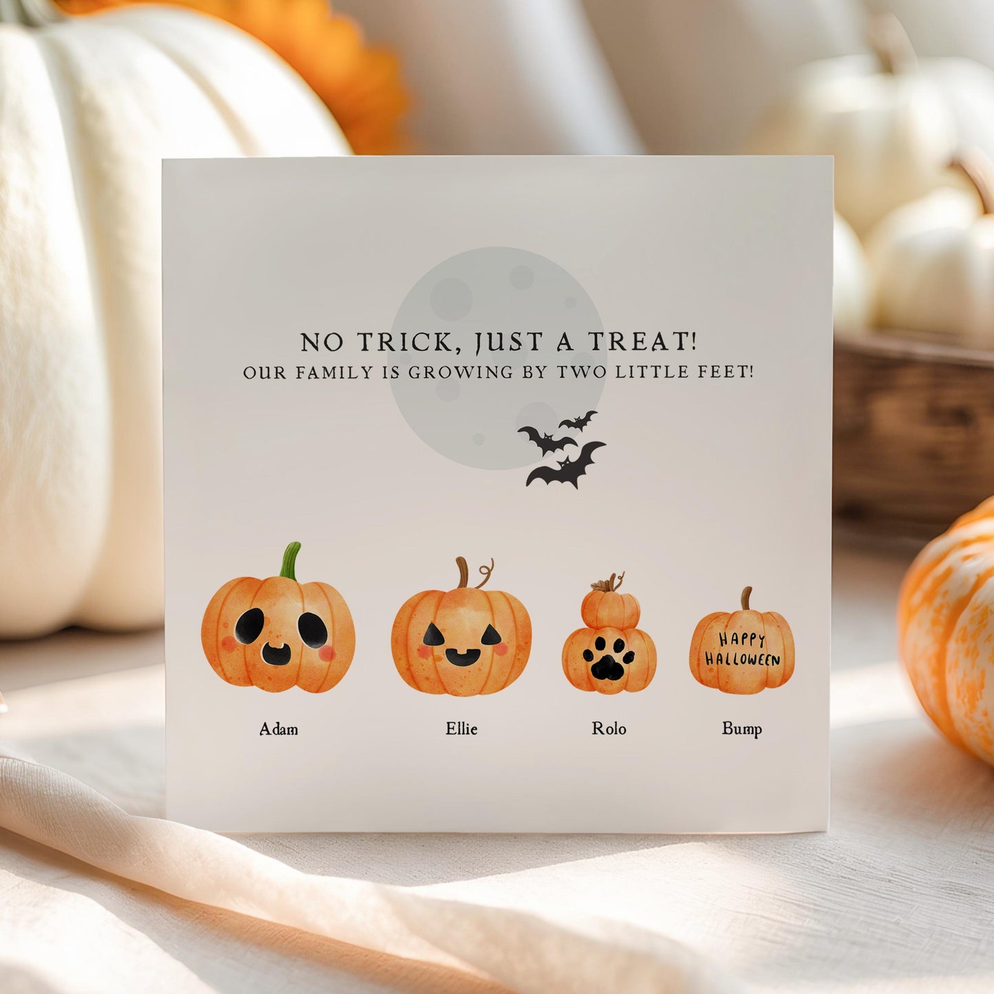Celebrate your baby news with a personalised Halloween pumpkin family pregnancy announcement card. Custom pumpkins for parents, children and pets create a beautiful keepsake.