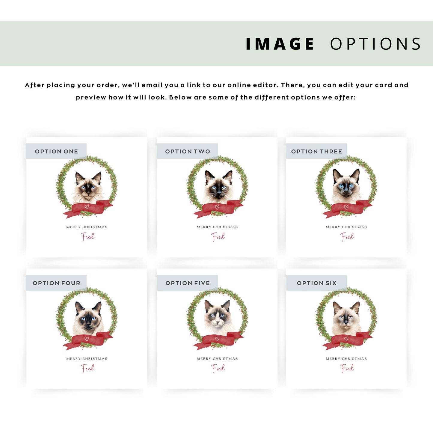 Personalised Balinese cat Christmas card with festive wreath design. Ideal holiday card for Cat Mum, Cat Dad, or a cat sitter.