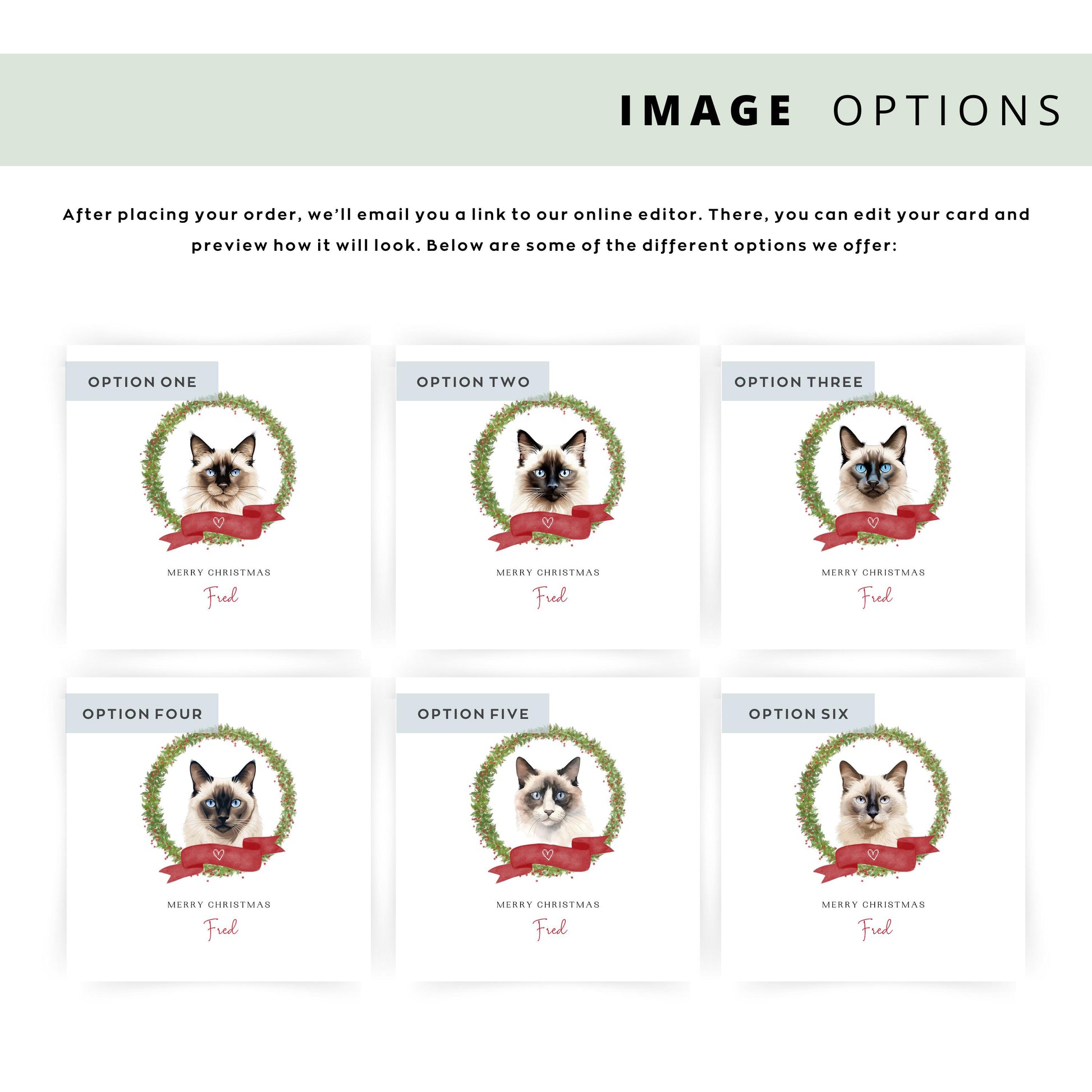 Personalised Balinese cat Christmas card with festive wreath design. Ideal holiday card for Cat Mum, Cat Dad, or a cat sitter.