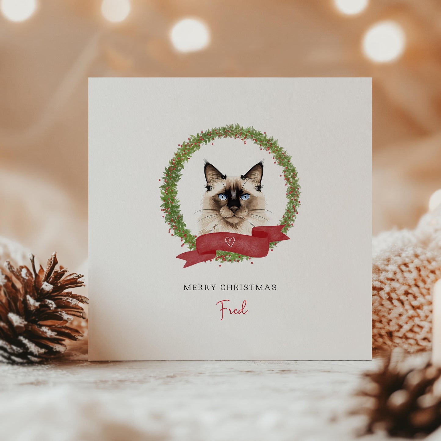 Personalised Balinese cat Christmas card with festive wreath design. Ideal holiday card for Cat Mum, Cat Dad, or a cat sitter.