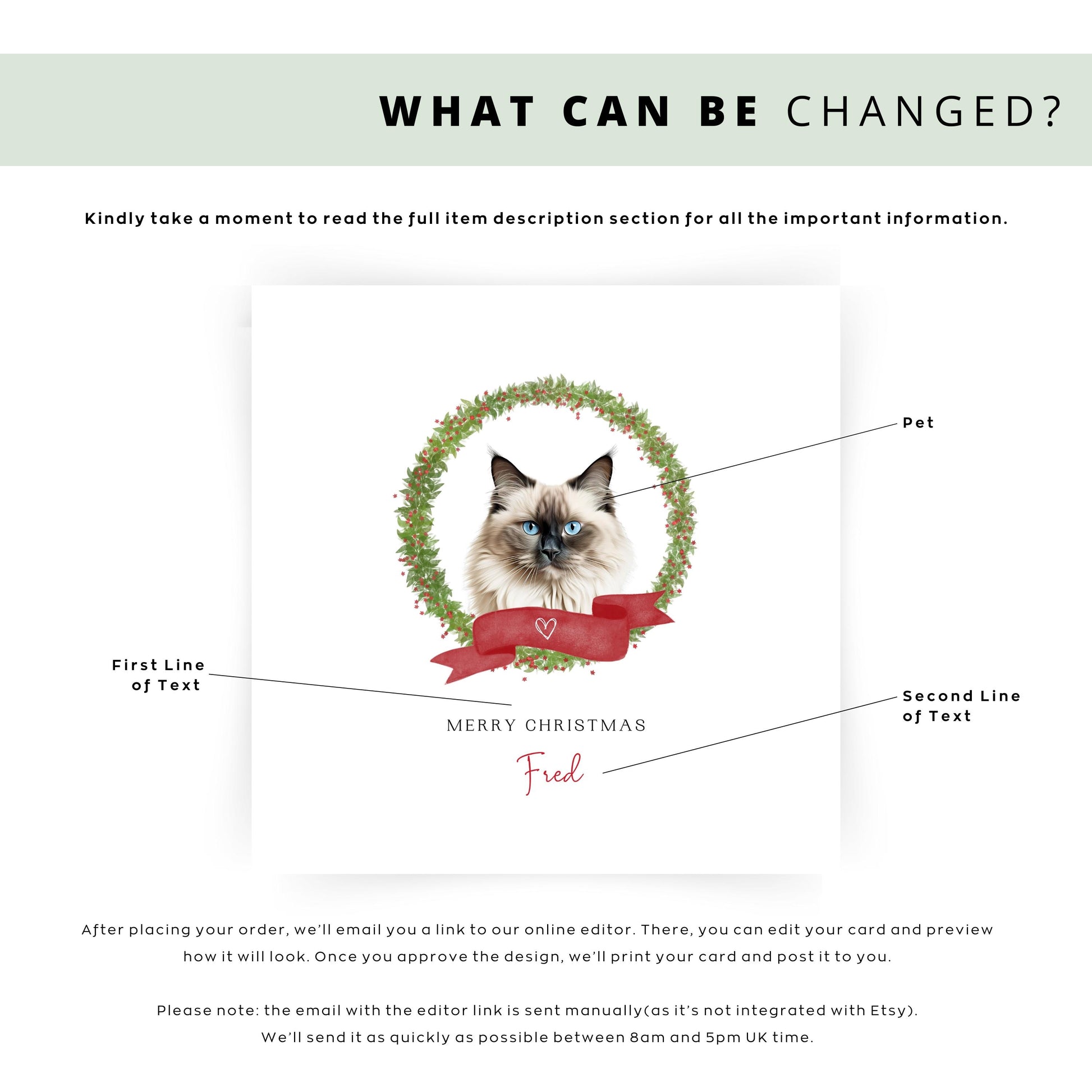 Personalised Birman cat Christmas card featuring festive illustration. Ideal gift or greeting from the cat to Cat Mum, Dad, or Sitter.