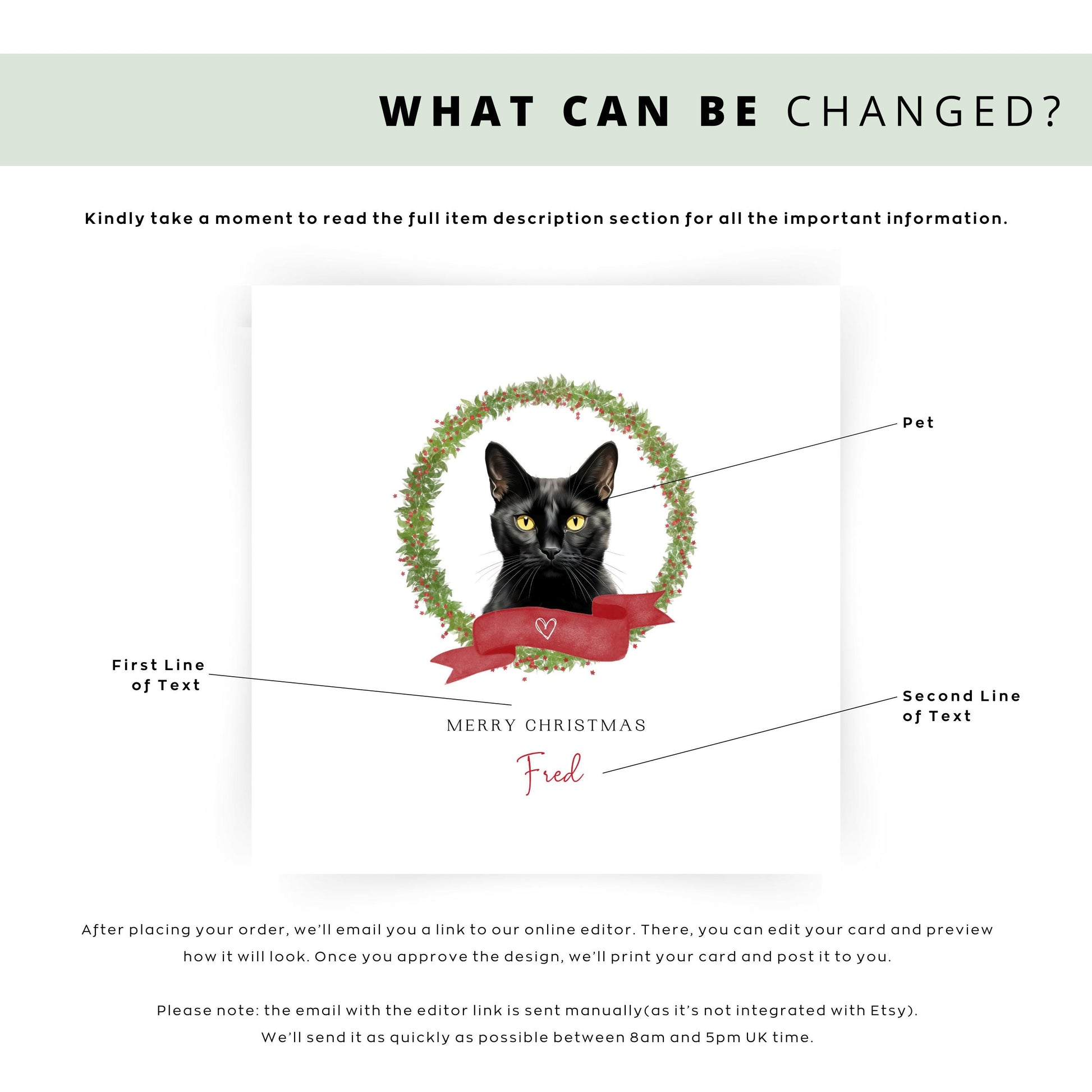 Personalised Bombay Black Cat Christmas card with festive design. Ideal gift or greeting from the cat to Cat Mum, Dad, or Sitter.