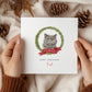 Personalised British Shorthair cat Christmas card with festive wreath design. Ideal holiday card for Cat Mum, Cat Dad, or a cat sitter.