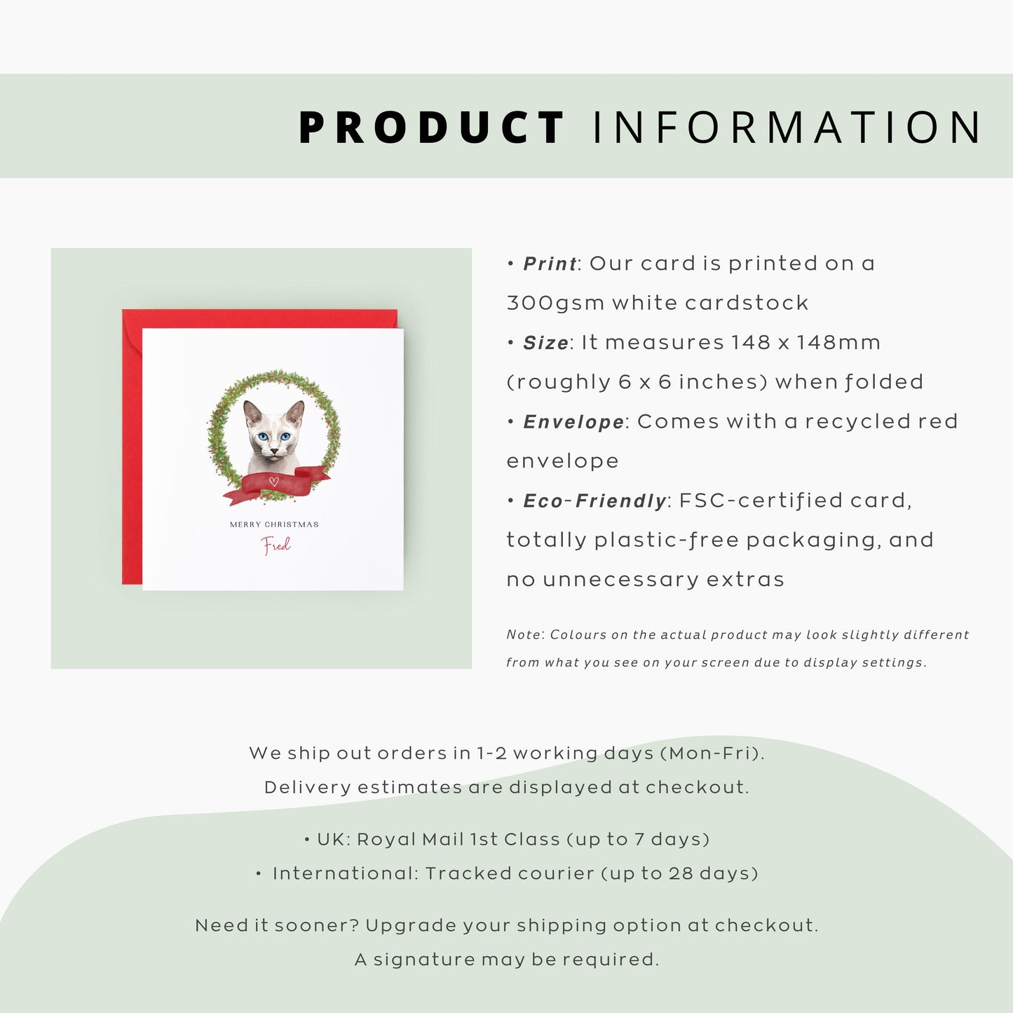 Personalised Burmila cat Christmas card with festive wreath design. Ideal holiday card for Cat Mum, Cat Dad, or a cat sitter.