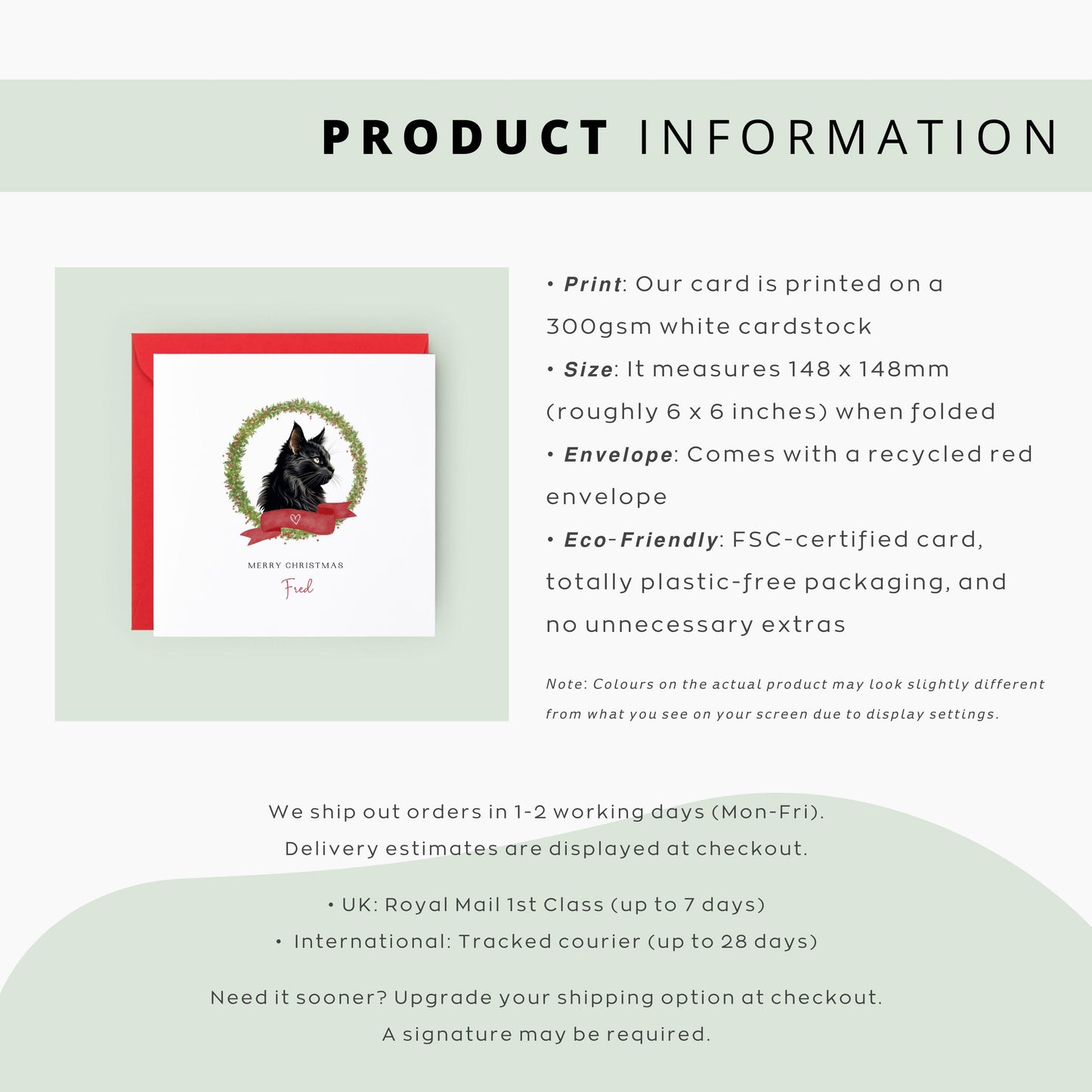 Personalised Chantilly Tiffany cat Christmas card with festive wreath design. Ideal holiday card for Cat Mum, Cat Dad, or a cat sitter.