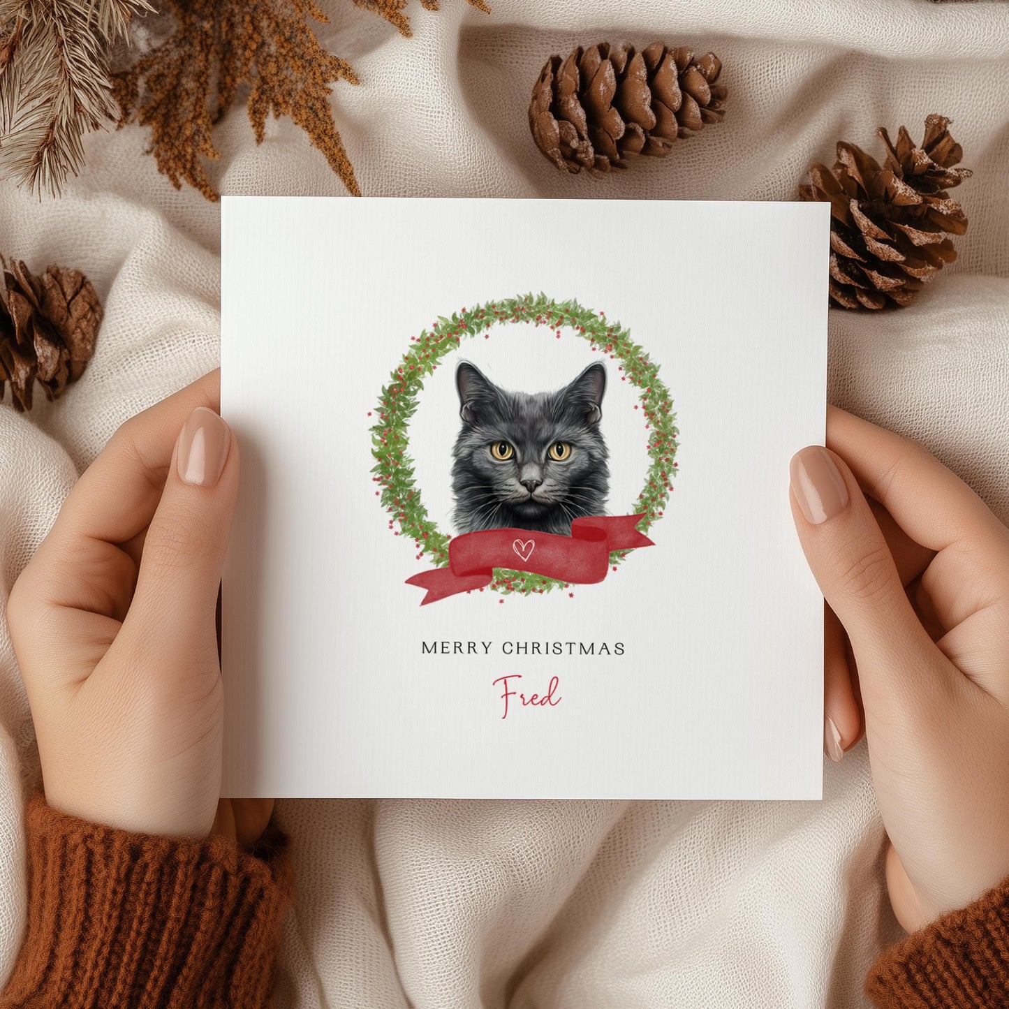 Personalised Chantilly Tiffany cat Christmas card with festive wreath design. Ideal holiday card for Cat Mum, Cat Dad, or a cat sitter.